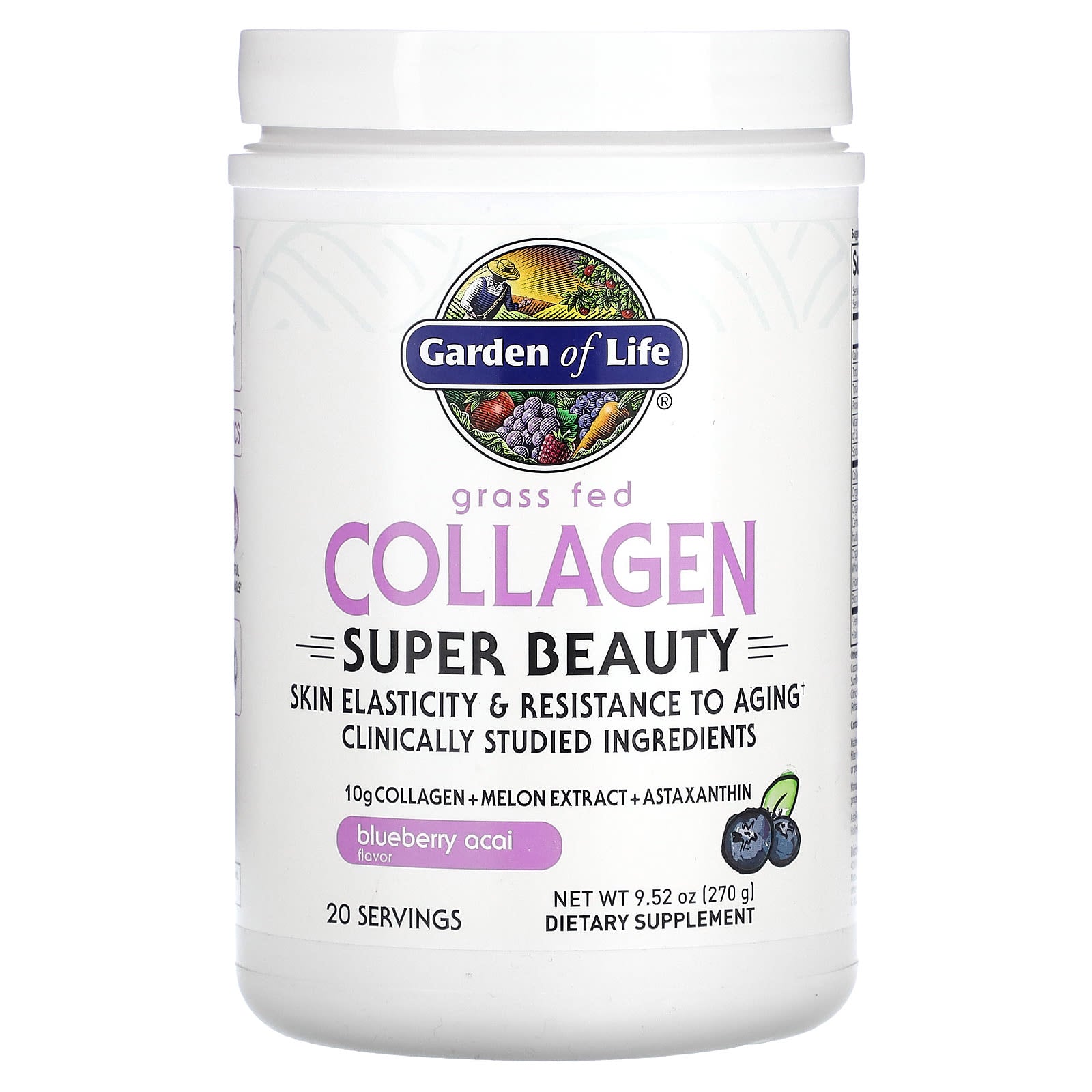 Garden of Life-Grass Fed Collagen-Super Beauty-Blueberry Acai-9.52 oz (270 g)