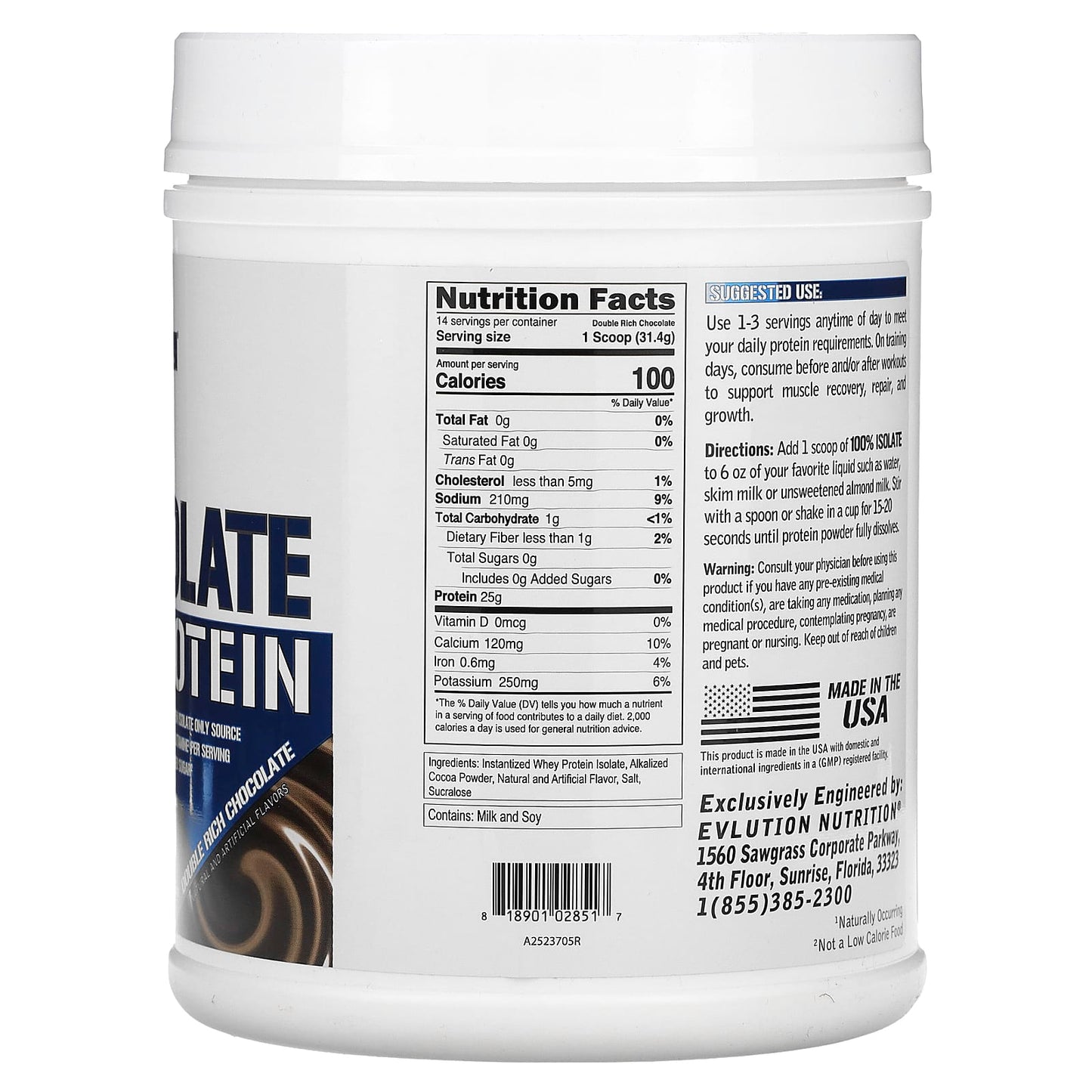 EVLution Nutrition, 100% Isolate Protein, Double Rich Chocolate, 1 lb (454 g)