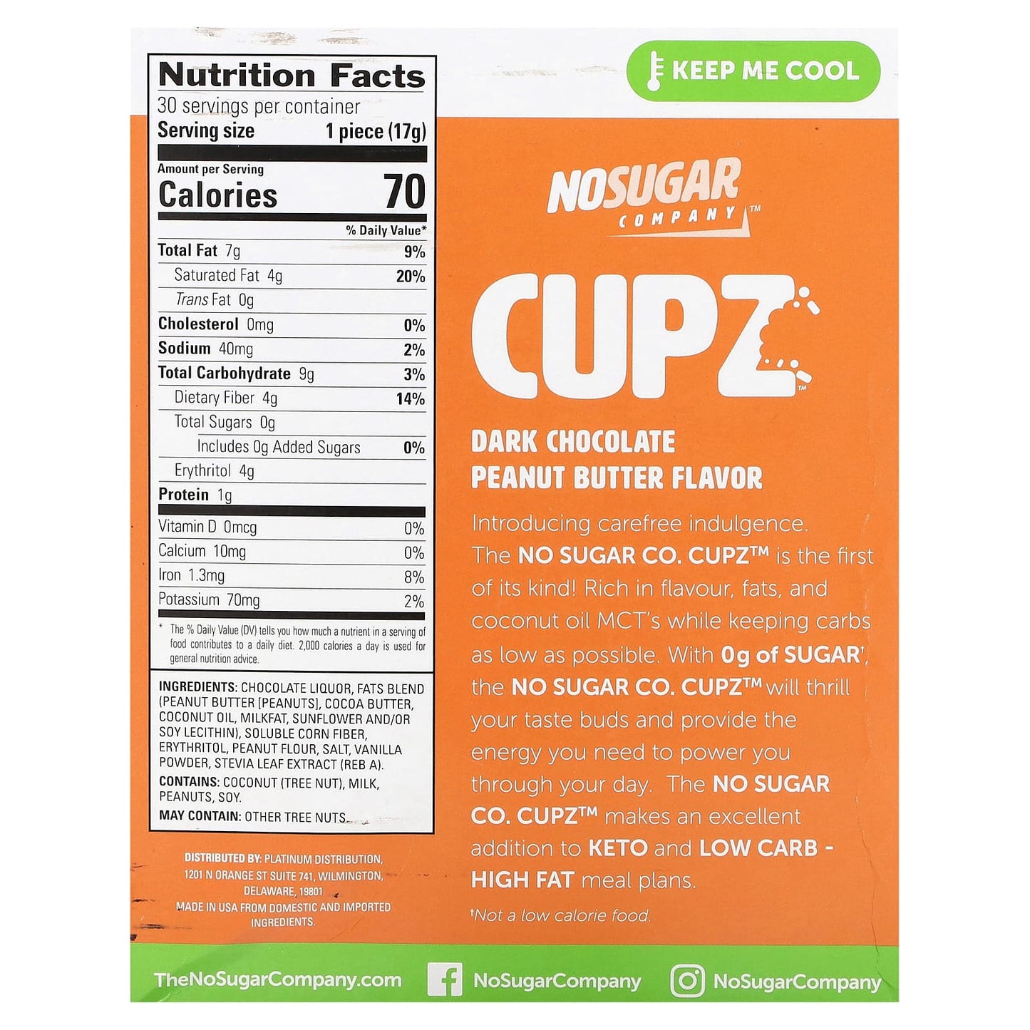 No Sugar Company, Cupz, Dark Chocolate Peanut Butter, 30 Cupz, 0.6 oz (17 g) Each