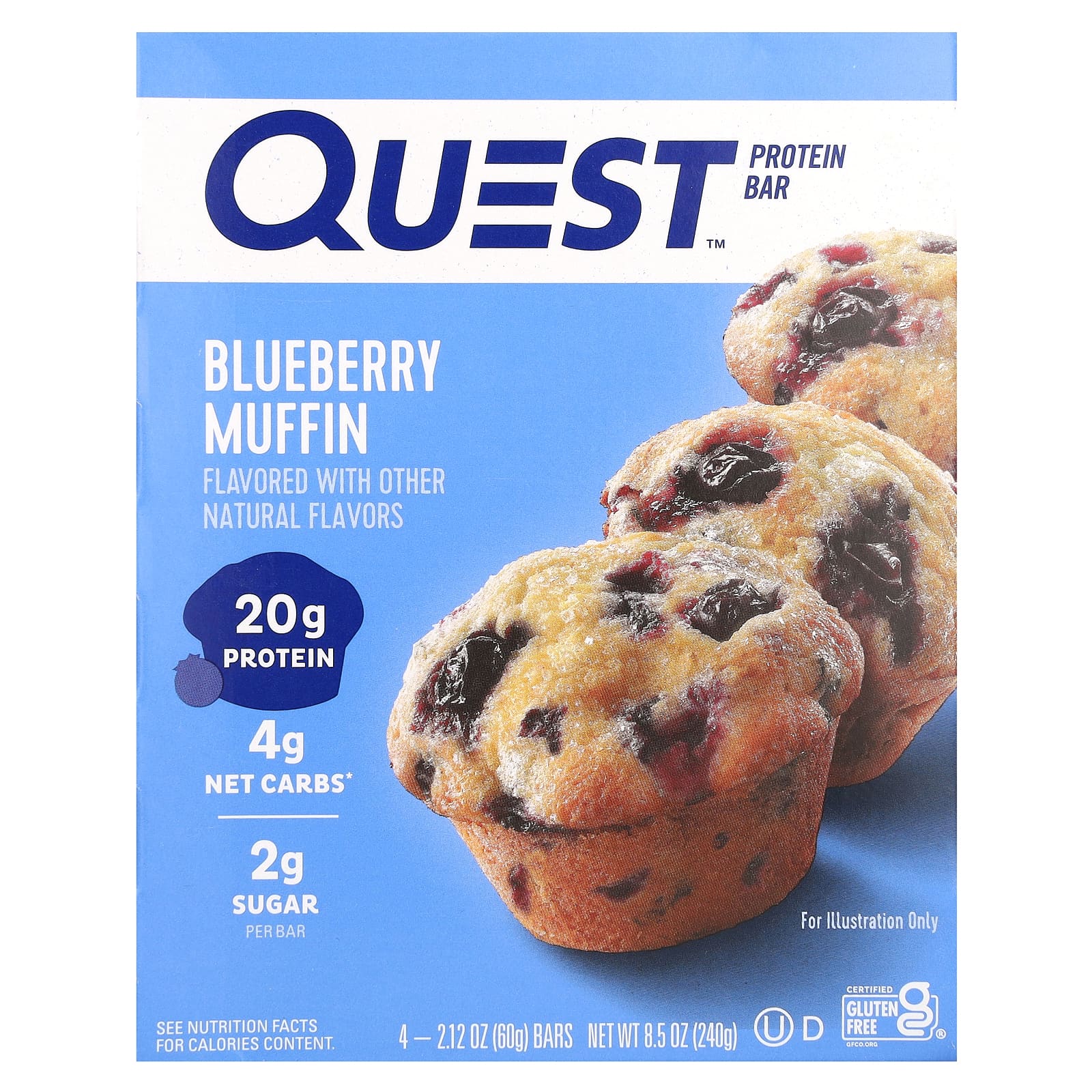 Quest Nutrition-Protein Bar-Blueberrry Muffin -4 Bars-2.12 oz (60 g) Each