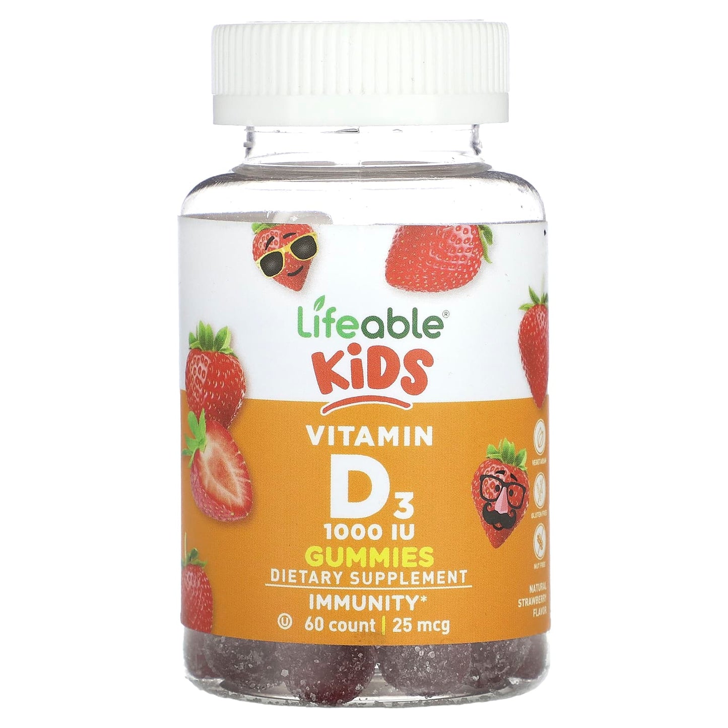 Lifeable-Kids Vitamin D3 Gummies-Natural Strawberry-25 mcg (1,000 IU)-60 Gummies