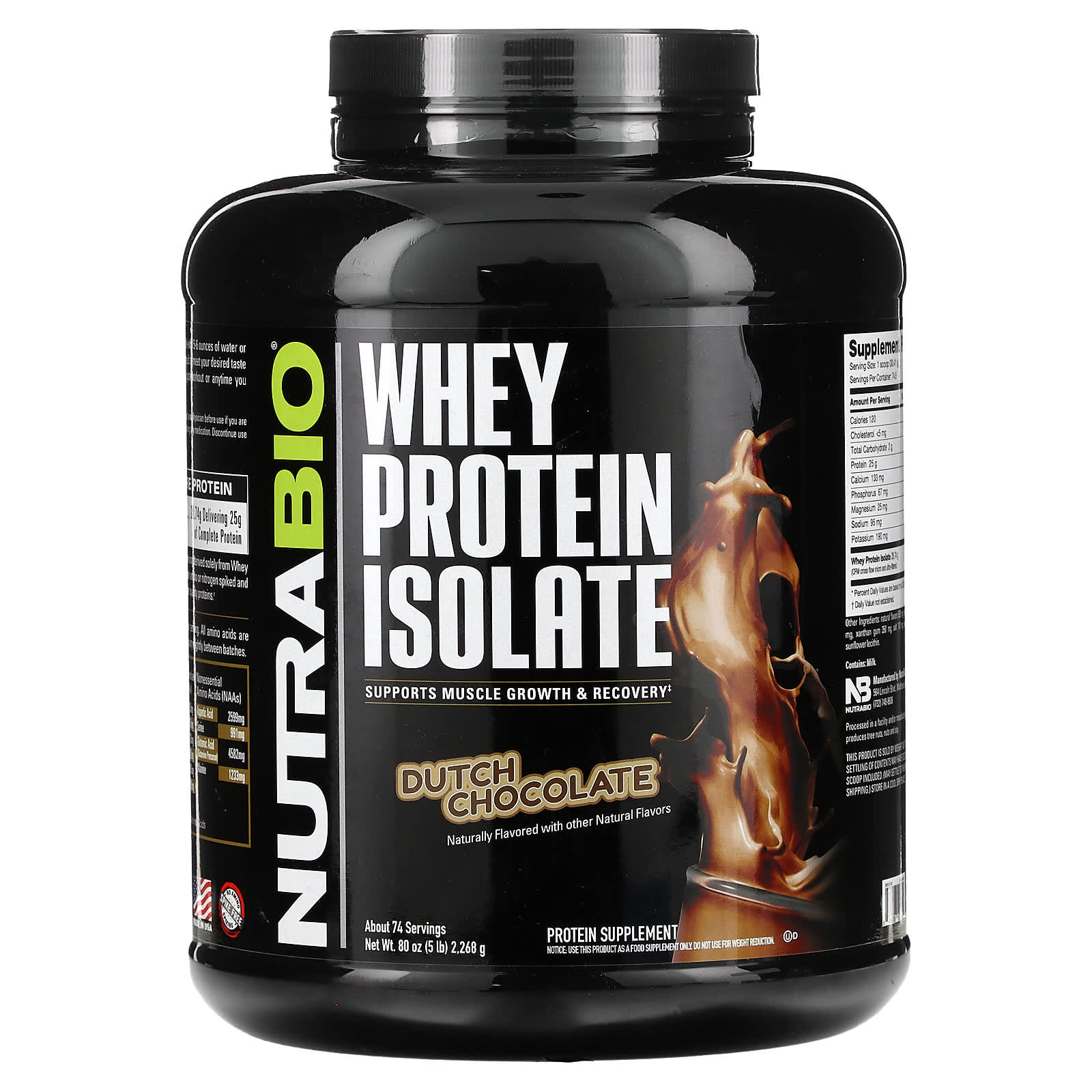 NutraBio-Whey Protein Isolate-Dutch Chocolate-5 lbs (2,268 g)