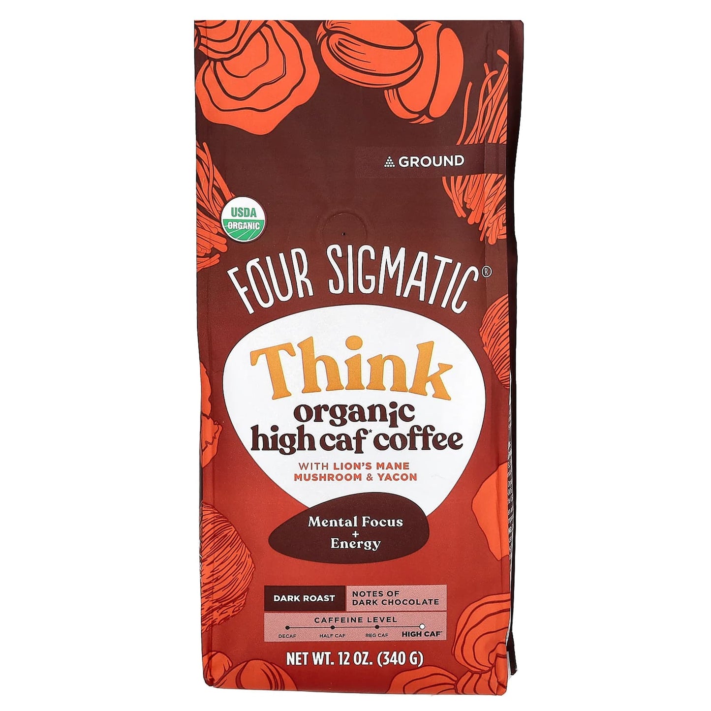 Four Sigmatic-Think-Organic High Caf Coffee with Lion's Mane Mushroom & Yacon-Ground-Dark Roast-12 oz (340 g)