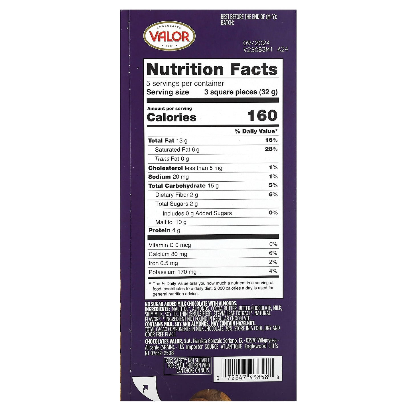 Valor, Chocolates, Milk Chocolate with Almonds, 0% Sugar Added, 5.3 oz (150 g)