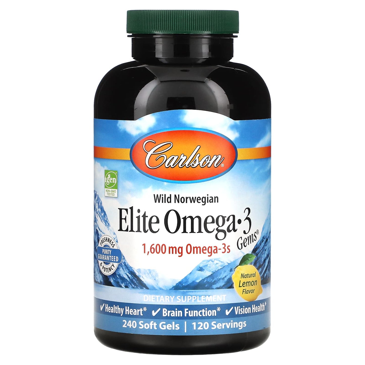 Carlson-Elite Omega 3 Gems-Natural Lemon-1,600 mg-240 Soft Gels (800 mg per Soft Gel)