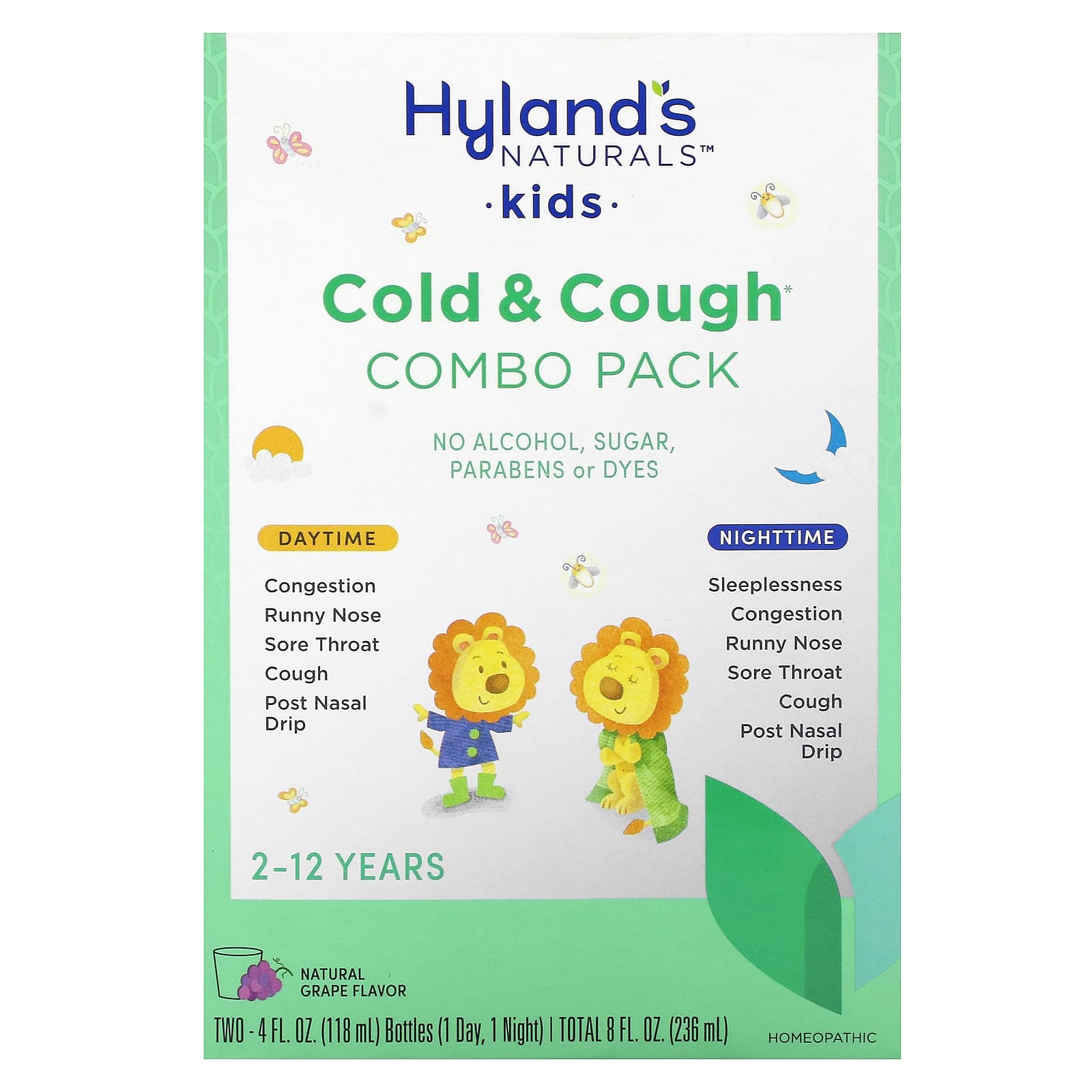 Hyland's Naturals-Kids-Cold & Cough Combo Pack-Daytime/Nighttime-Age 2-12 Years-Natural Grape-2 Bottles-4 fl oz (118 ml) Each