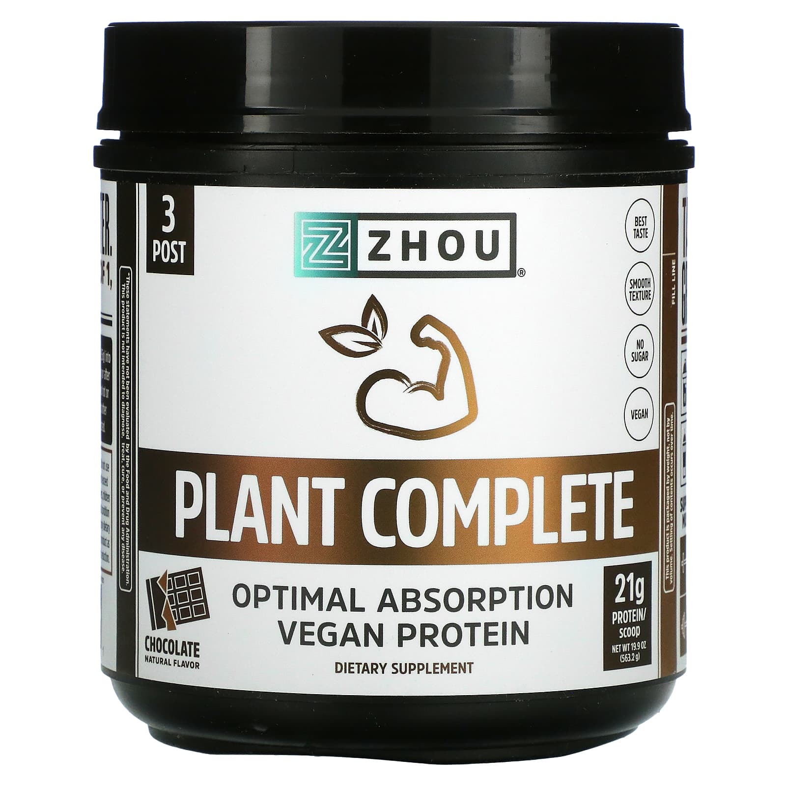 Zhou Nutrition-Plant Complete-Optimal Absorption Vegan Protein-Chocolate-19.9 oz (563.2 g)