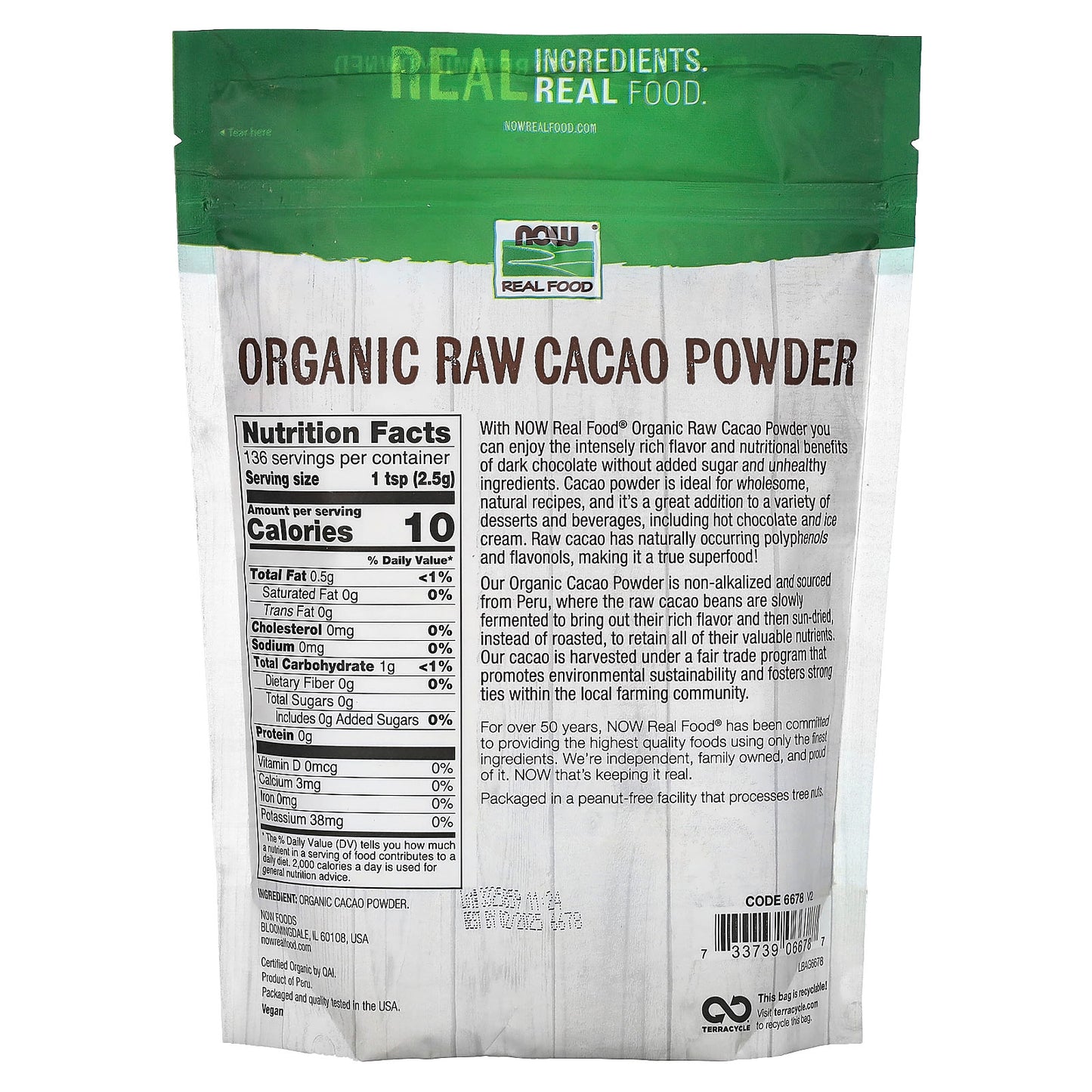 NOW Foods, Real Food, Organic Raw Cacao Powder, 12 oz (340 g)