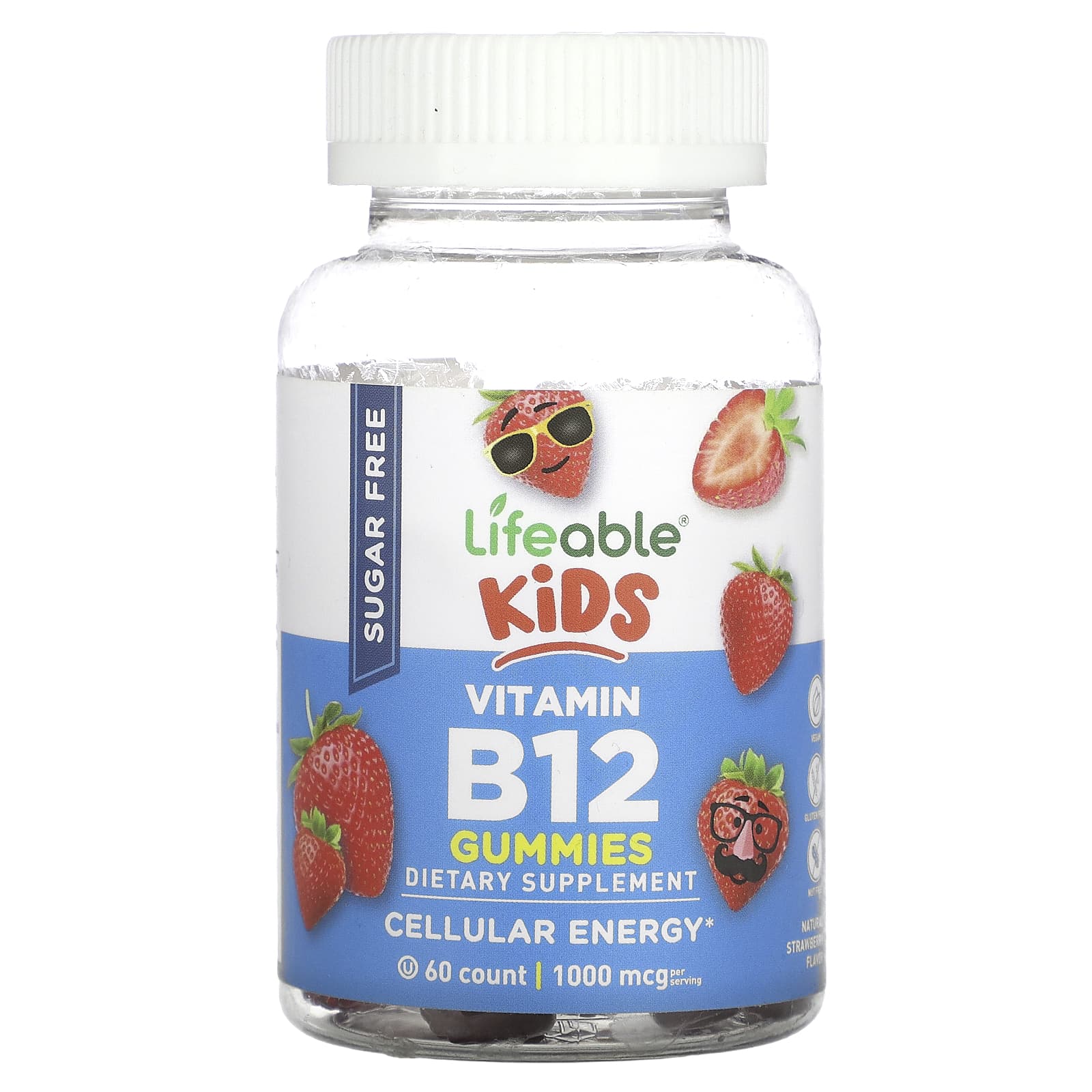 Lifeable-Kids Vitamin B12 Gummies-Sugar Free-Natural Strawberry-1,000 mcg-60 Gummies (500 mcg per Gummy)