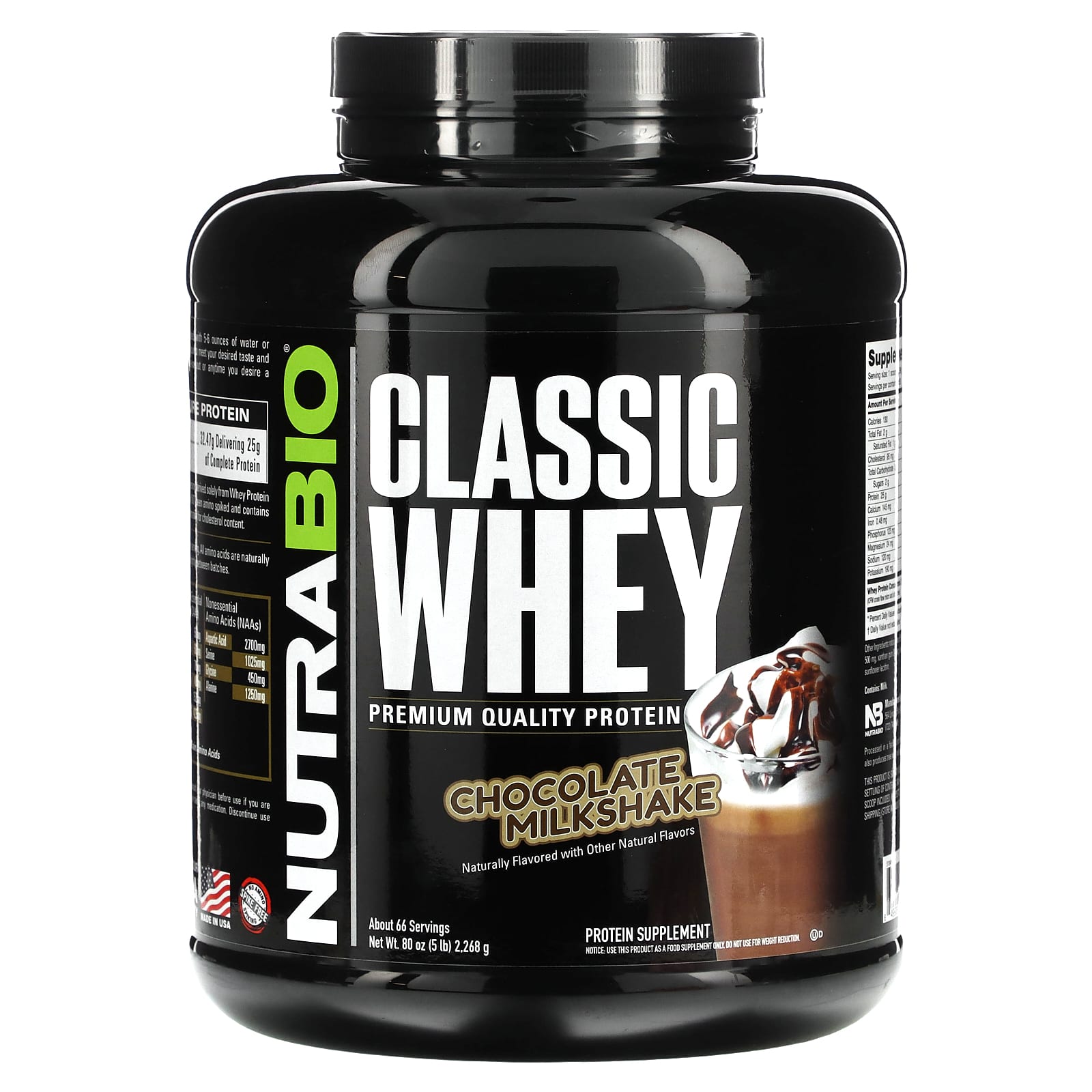 NutraBio-Classic Whey Protein-Chocolate Milkshake-5 lbs (2,268 g)