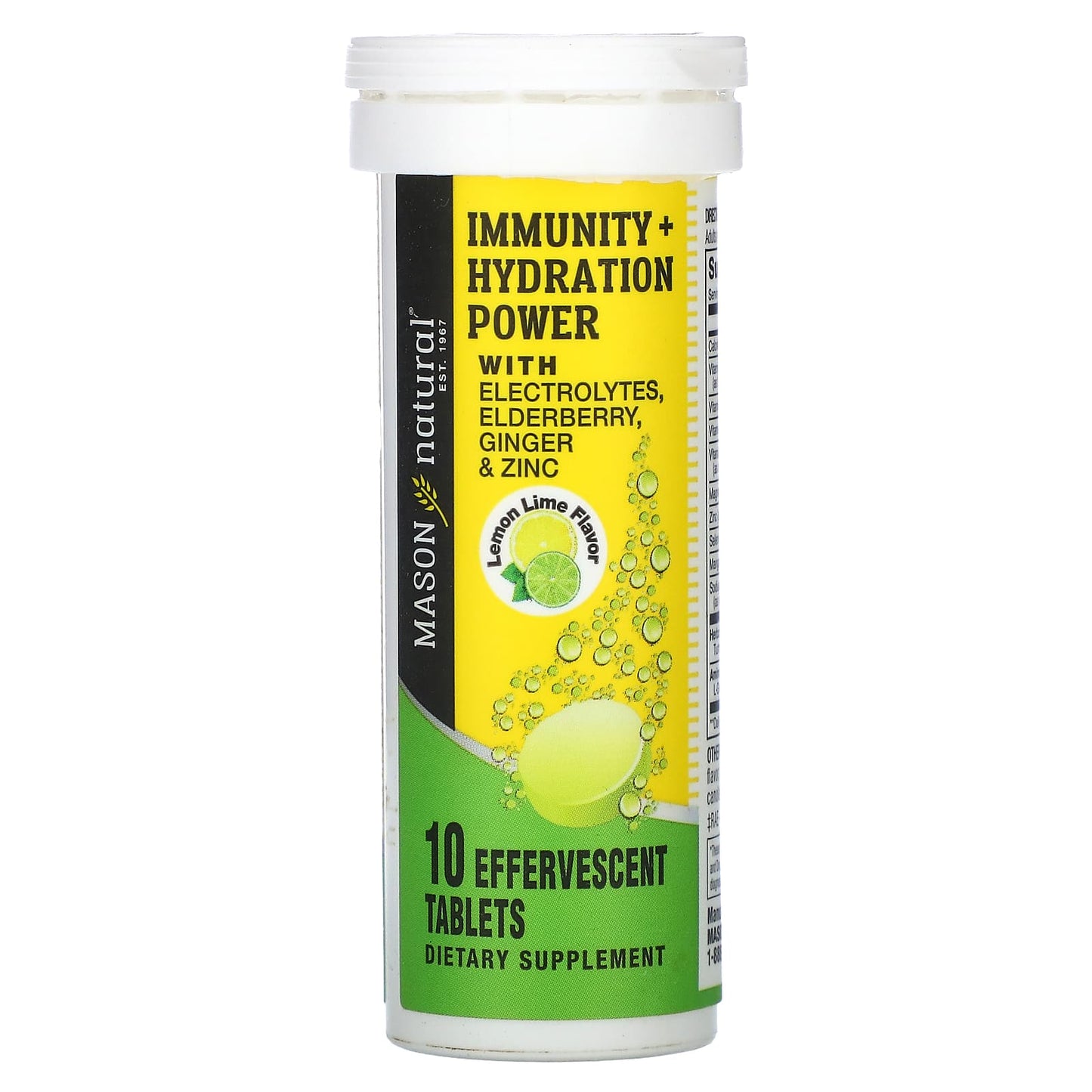 Mason Natural, Immunity + Hydration Power with Electrolytes, Elderberry, Ginger & Zinc, Lemon Lime, 10 Effervescent Tablets