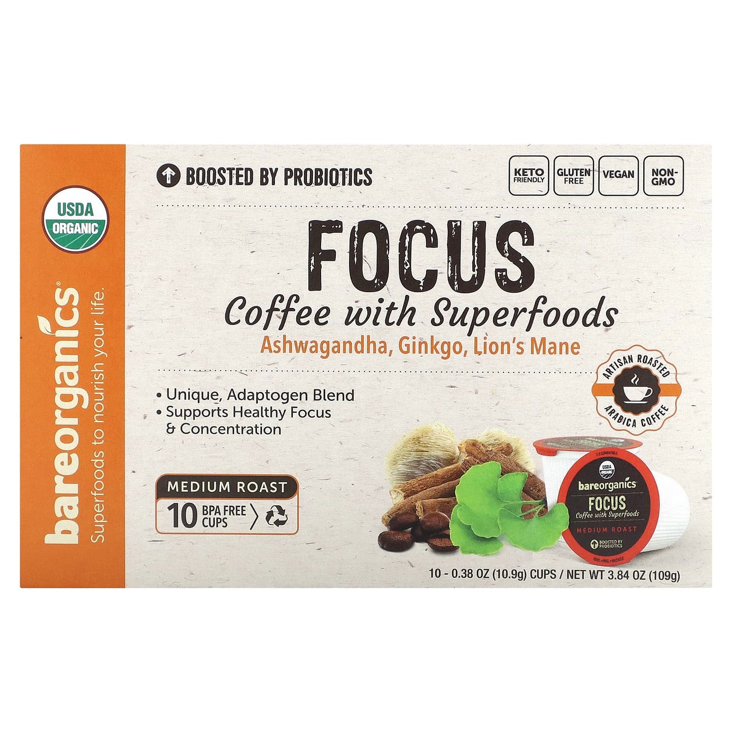 BareOrganics-Focus-Coffee with Superfoods-Medium Roast-10 Cups-0.38 oz (10.9 g) Each