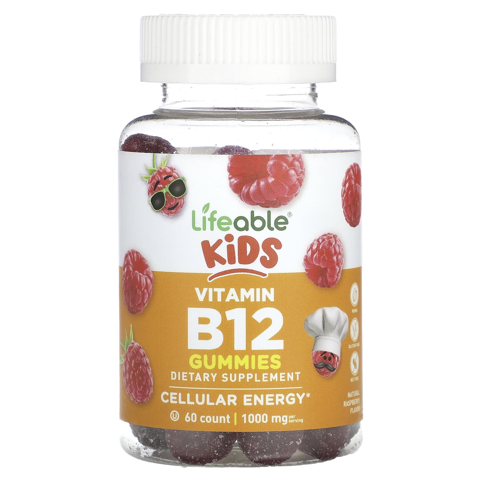 Lifeable-Kids Vitamin B12 Gummies-Natural Raspberry-1,000 mg-60 Gummies (500 mg per Gummy)