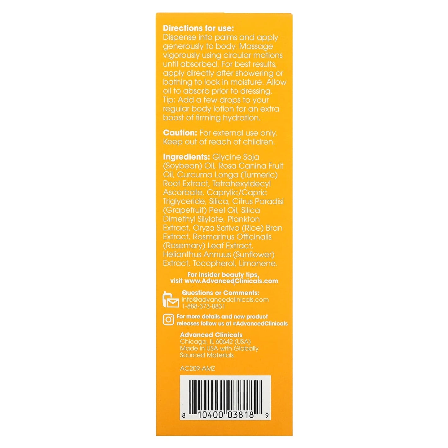 Advanced Clinicals, Vitamin C, Brightening Body Oil, 3.8 fl oz (112 ml)