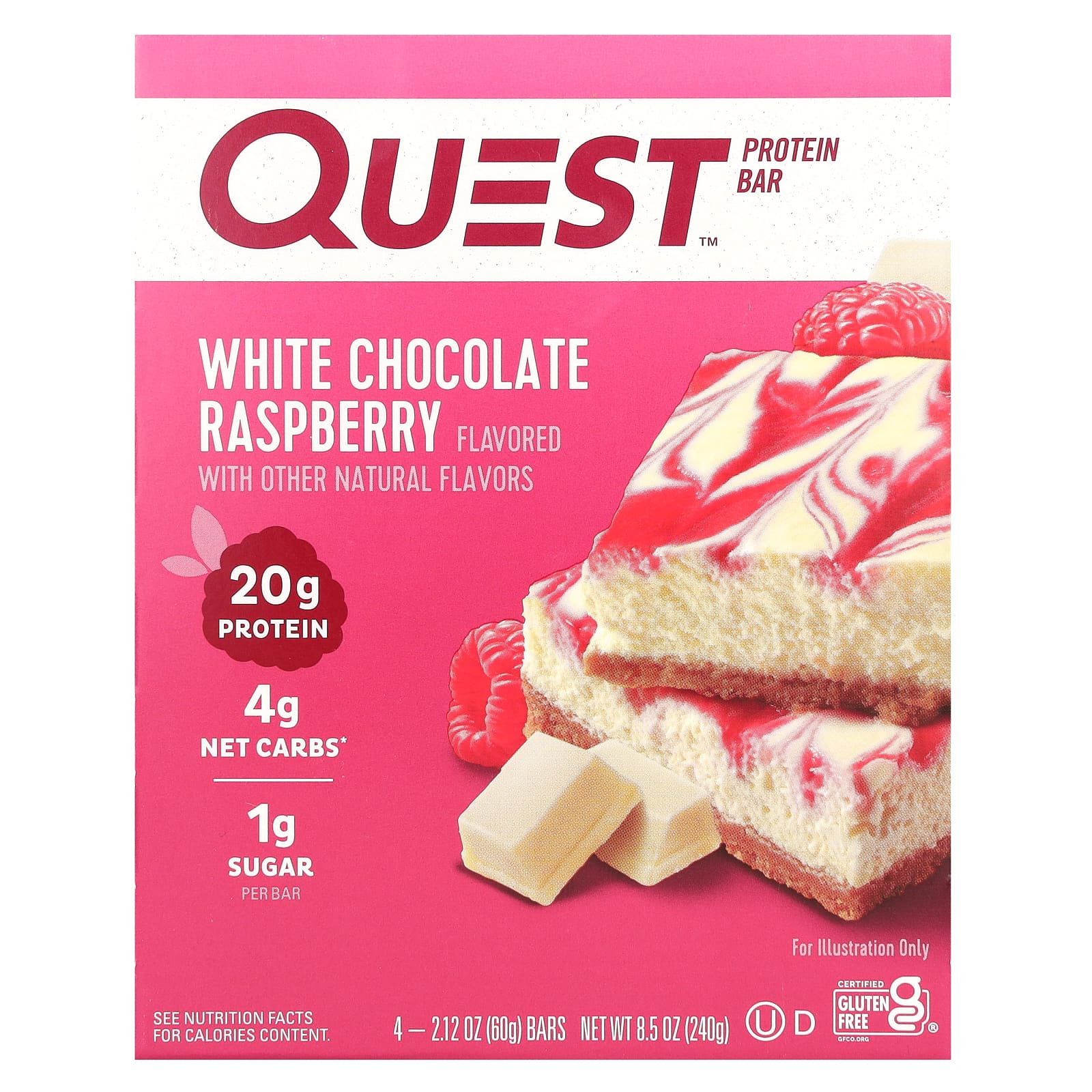 Quest Nutrition-Protein Bar-White Chocolate Raspberry-4 Bars-2.12 oz (60 g) Each