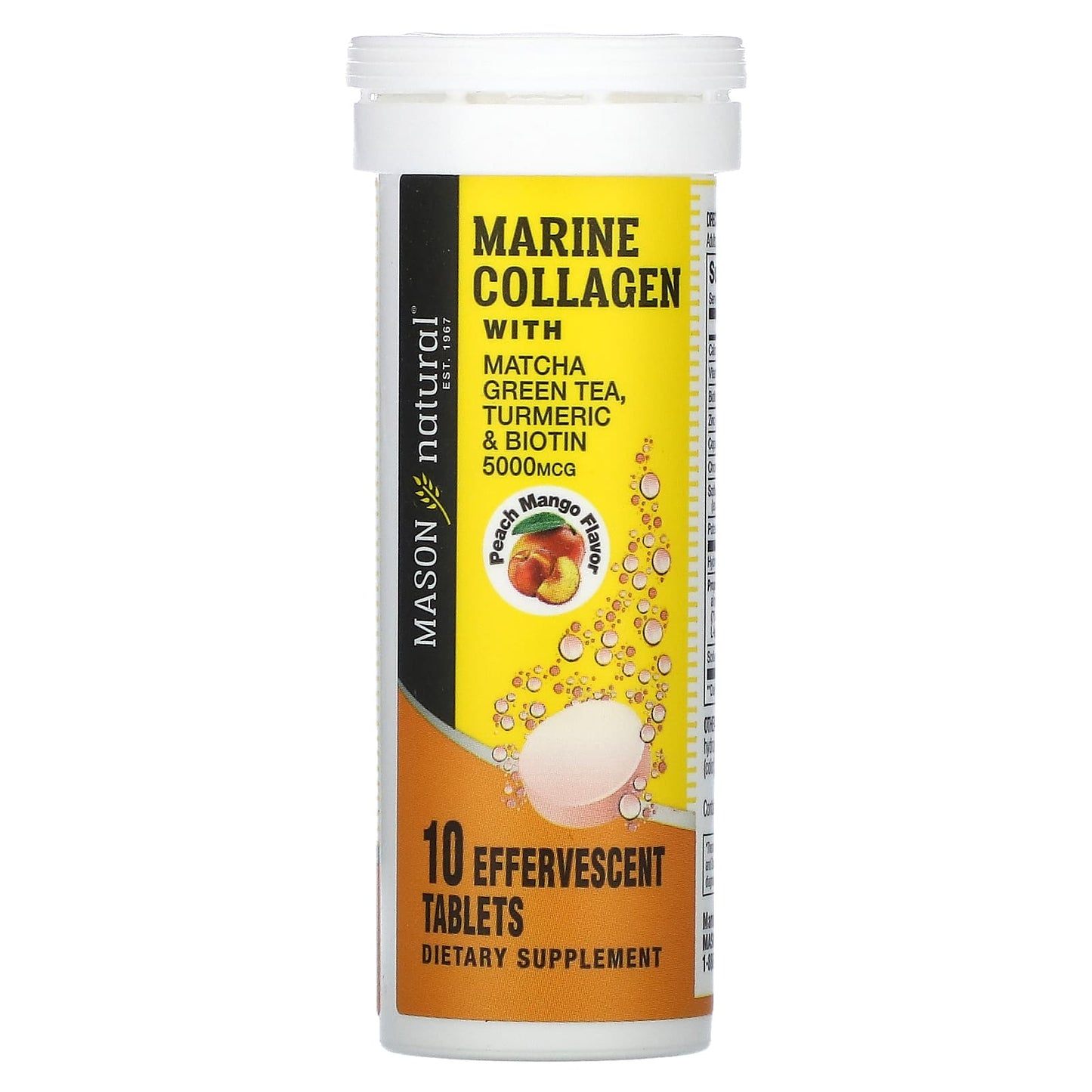 Mason Natural, Marine Collagen with Matcha Green Tea, Turmeric & Biotin, Peach Mango, 5,000 mcg, 10 Effervescent Tablets