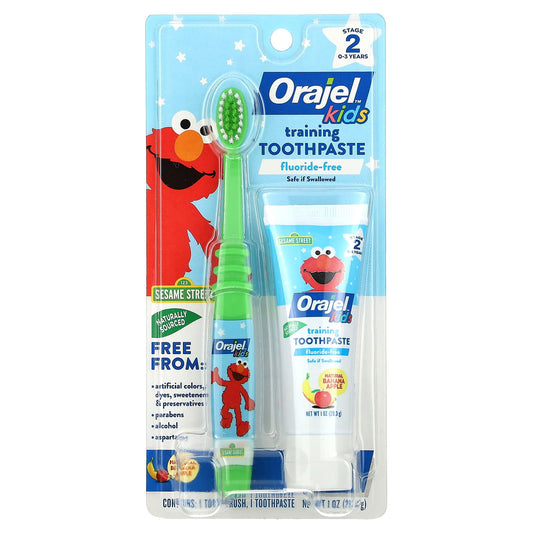 Orajel-Kids-Elmo Training Toothpaste & Toothbrush-Fluoride-Free-Stage 2-0-3 Years-Banana Apple-2 Pieces