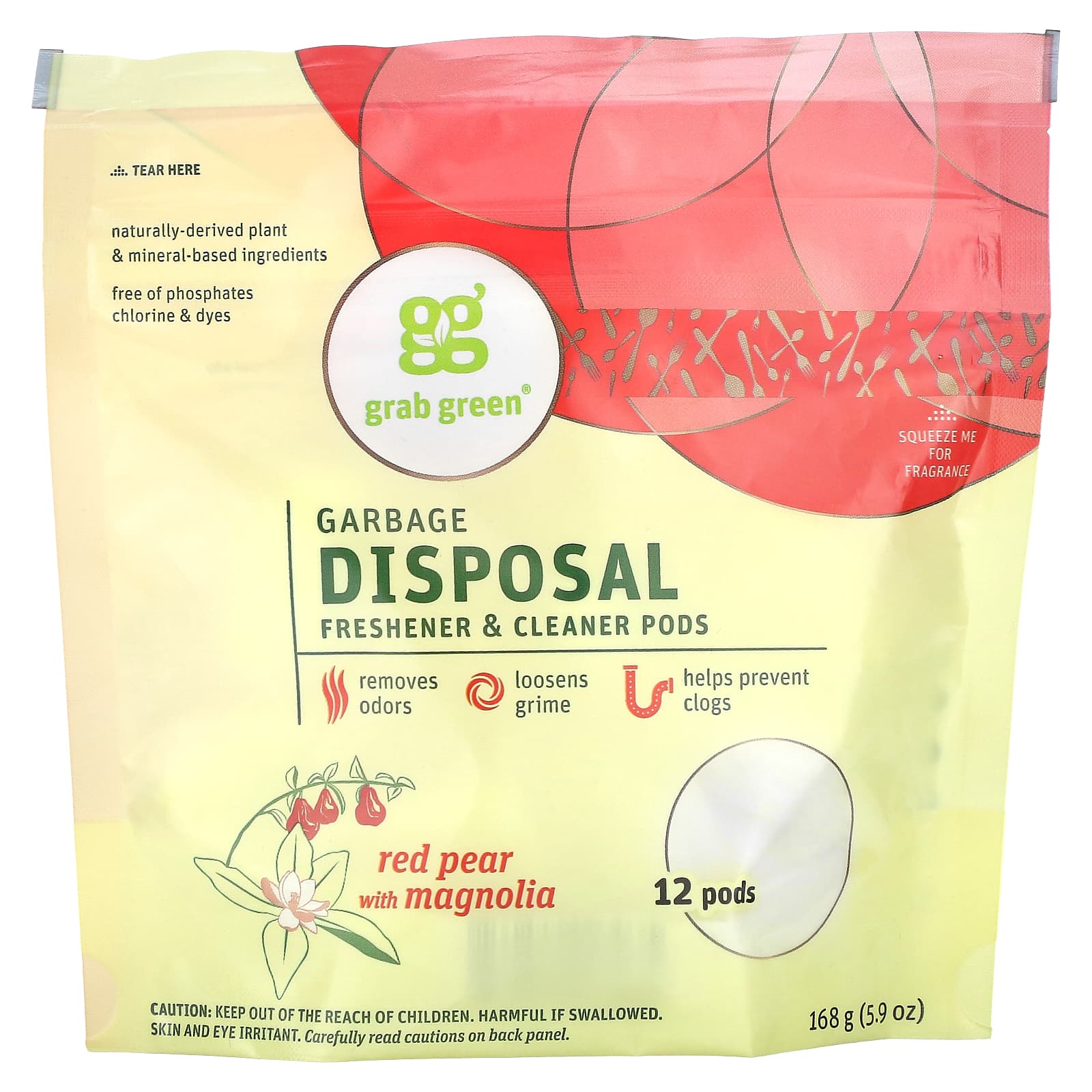 Grab Green-Garbage Disposal Freshener & Cleaner Pods-Red Pear with Magnolia-12 Pods-5.9 oz (168 g)