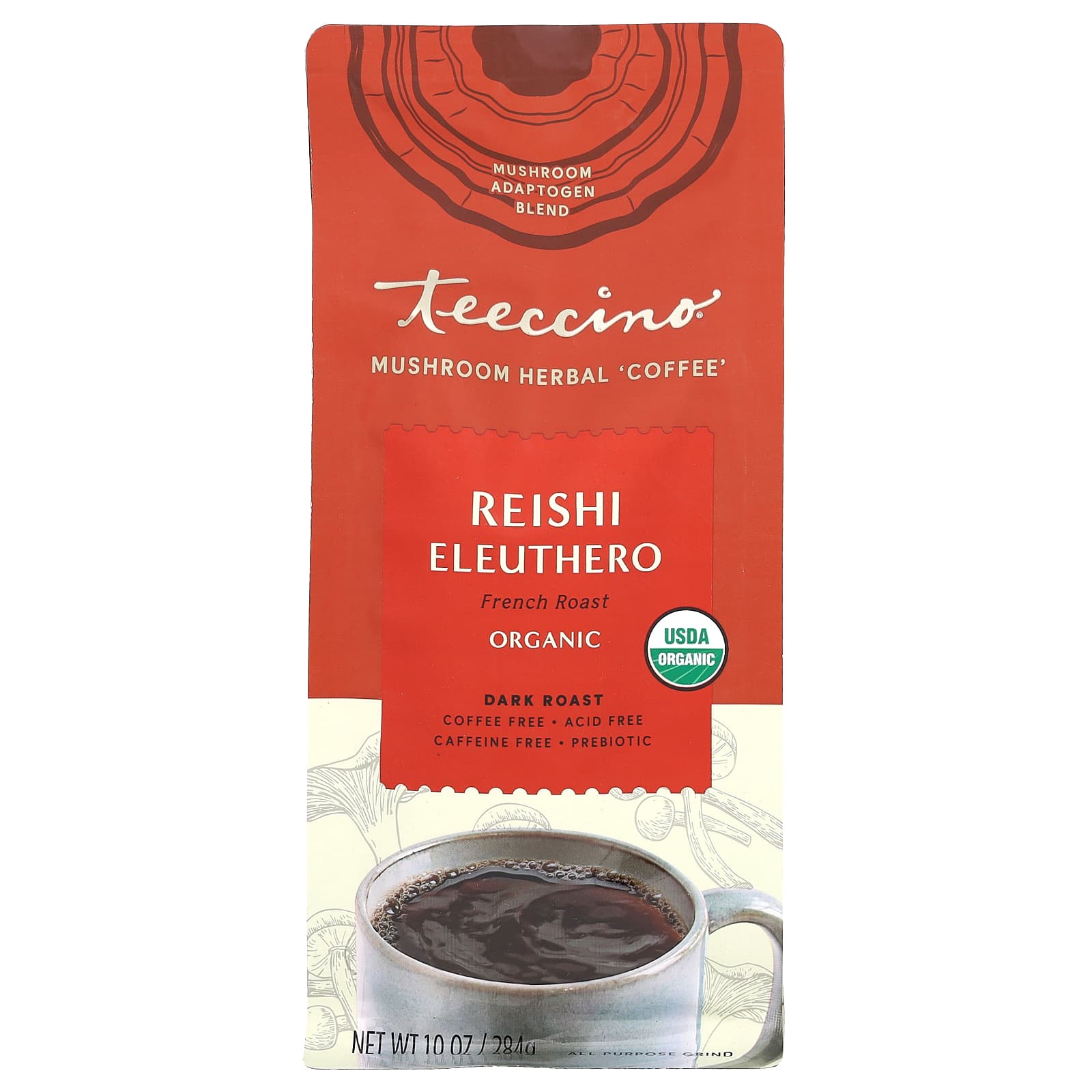 Teeccino-Mushroom Herbal Coffee-Reishi Eleuthero-Dark Roast-Caffeine Free-10 oz (284 g)