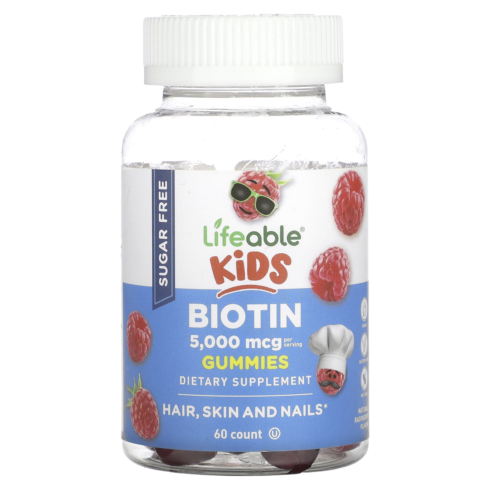 Lifeable-Kids Biotin Gummies-Sugar Free-Natural Raspberry-5,000 mcg-60 Gummies (2,500 mcg per Gummy)