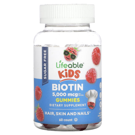 Lifeable-Kids Biotin Gummies-Sugar Free-Natural Raspberry-5,000 mcg-60 Gummies (2,500 mcg per Gummy)