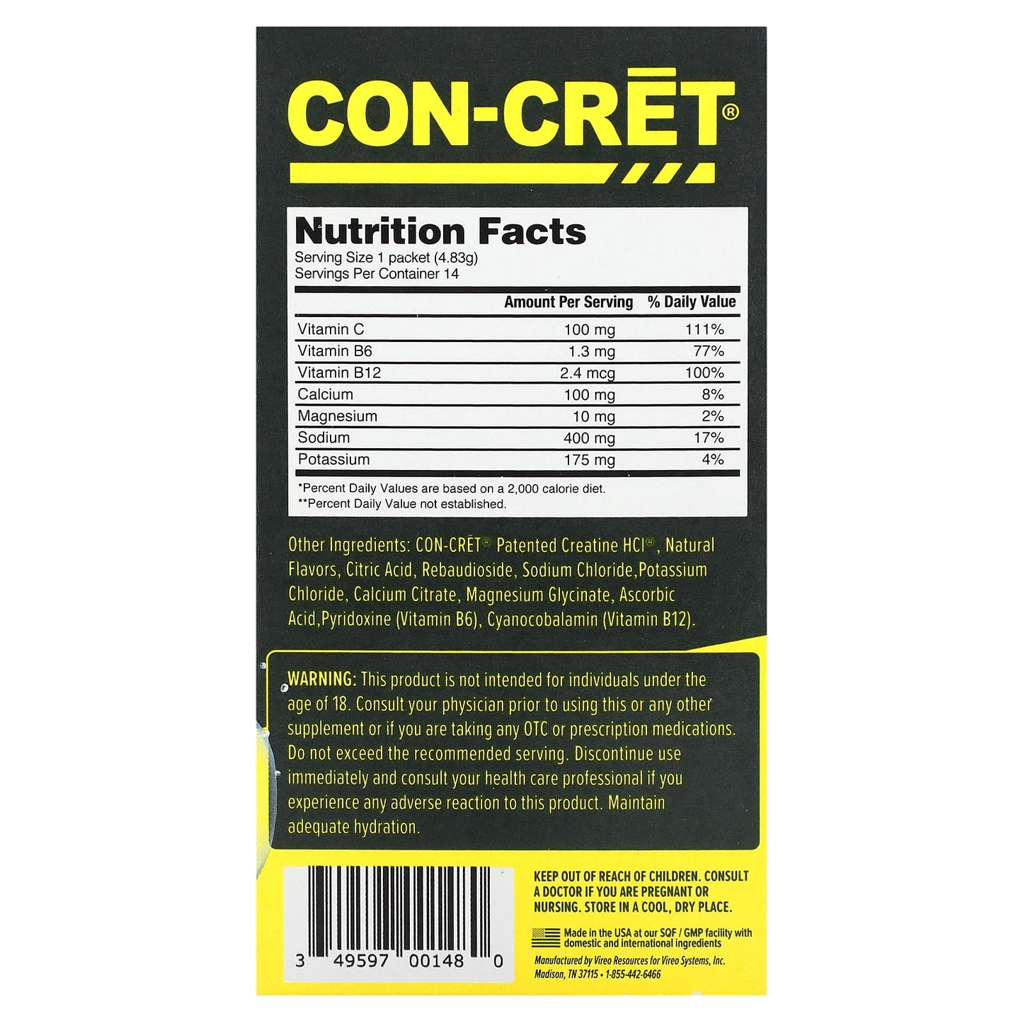 Con-Cret, Clean Hydration Drink Packets, Sugar-Free, Citrus Mango, 14 Packets, 0.19 oz (4.83 g) Each