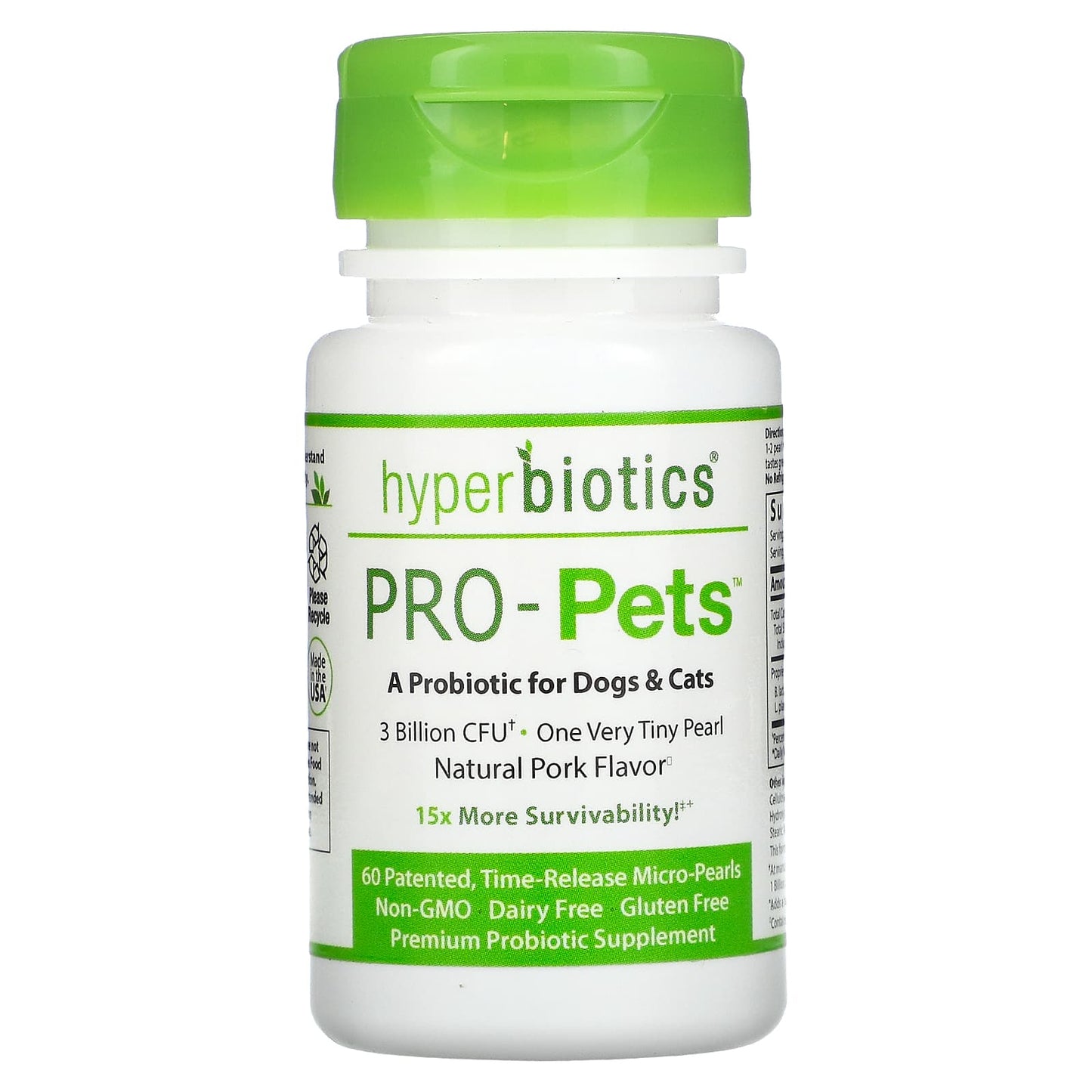 Hyperbiotics-Pro-Pets-Probiotics For Dogs & Cats-Natural Pork-3 Billion CFU-60 Patented-Time-Release Micro-Pearls