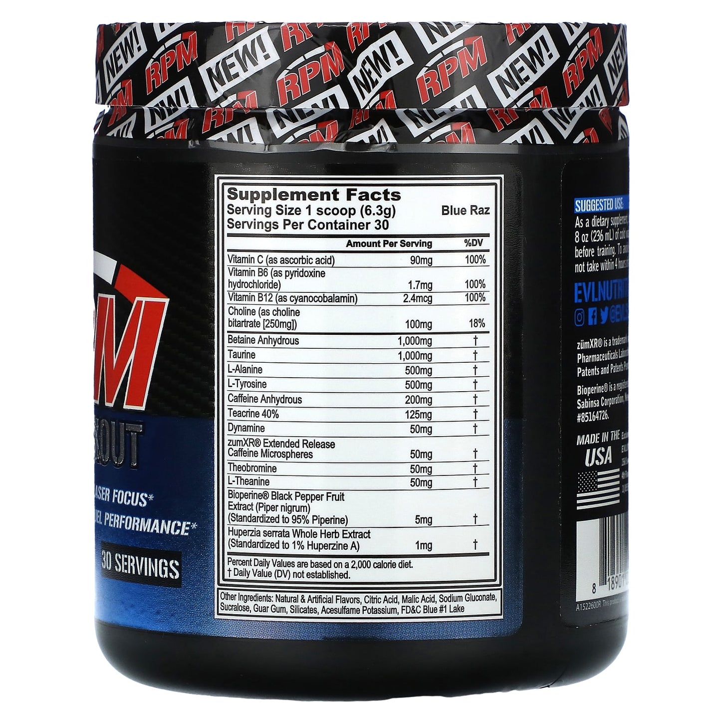 EVLution Nutrition, RPM, Pre-Workout, Blue Raz, 6.67 oz (189 g)