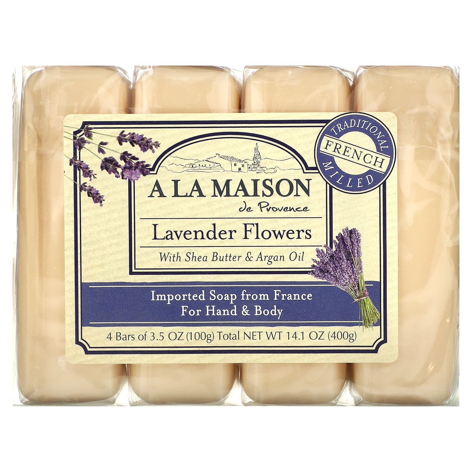 A La Maison de Provence-Hand & Body Bar Soap-Lavender Flowers-4 Bars-3.5 oz (100 g) Each