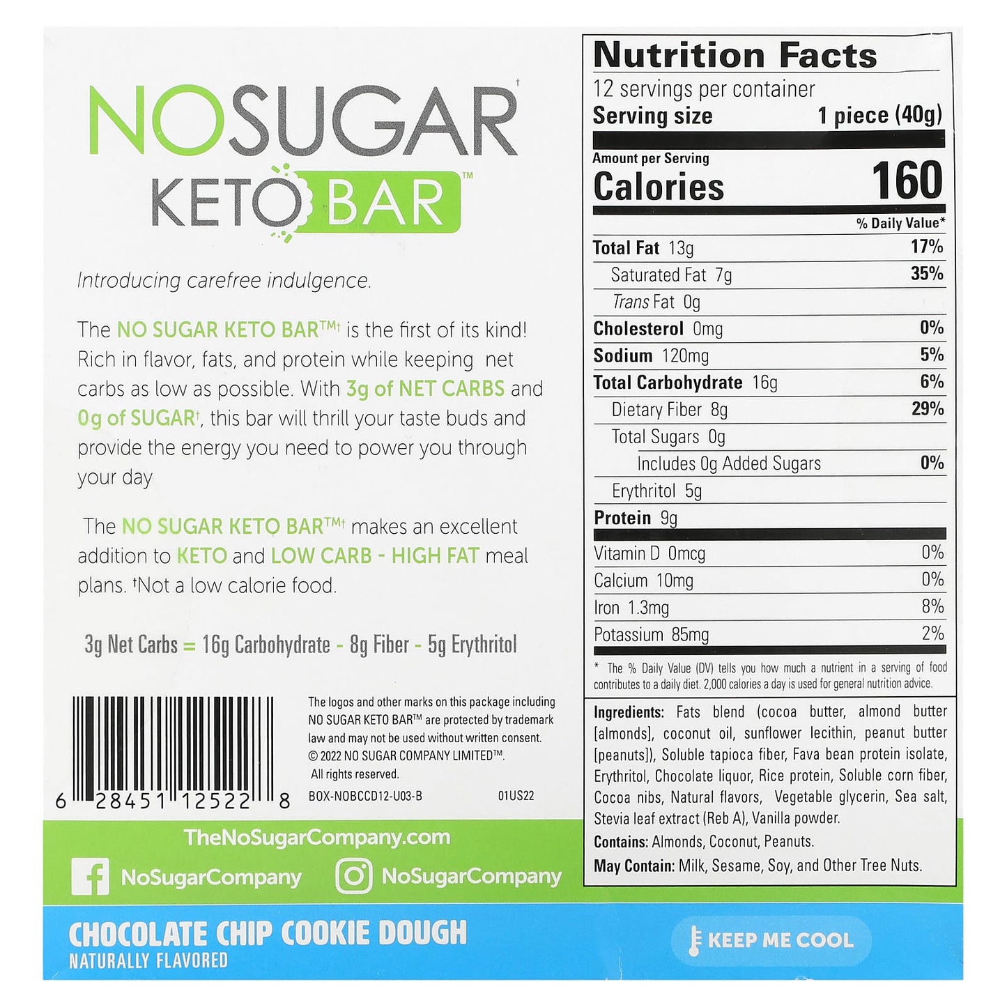 No Sugar Company, Keto Bar, Chocolate Chip Cookie Dough, 12 Bars, 1.41 oz (40 g) Each