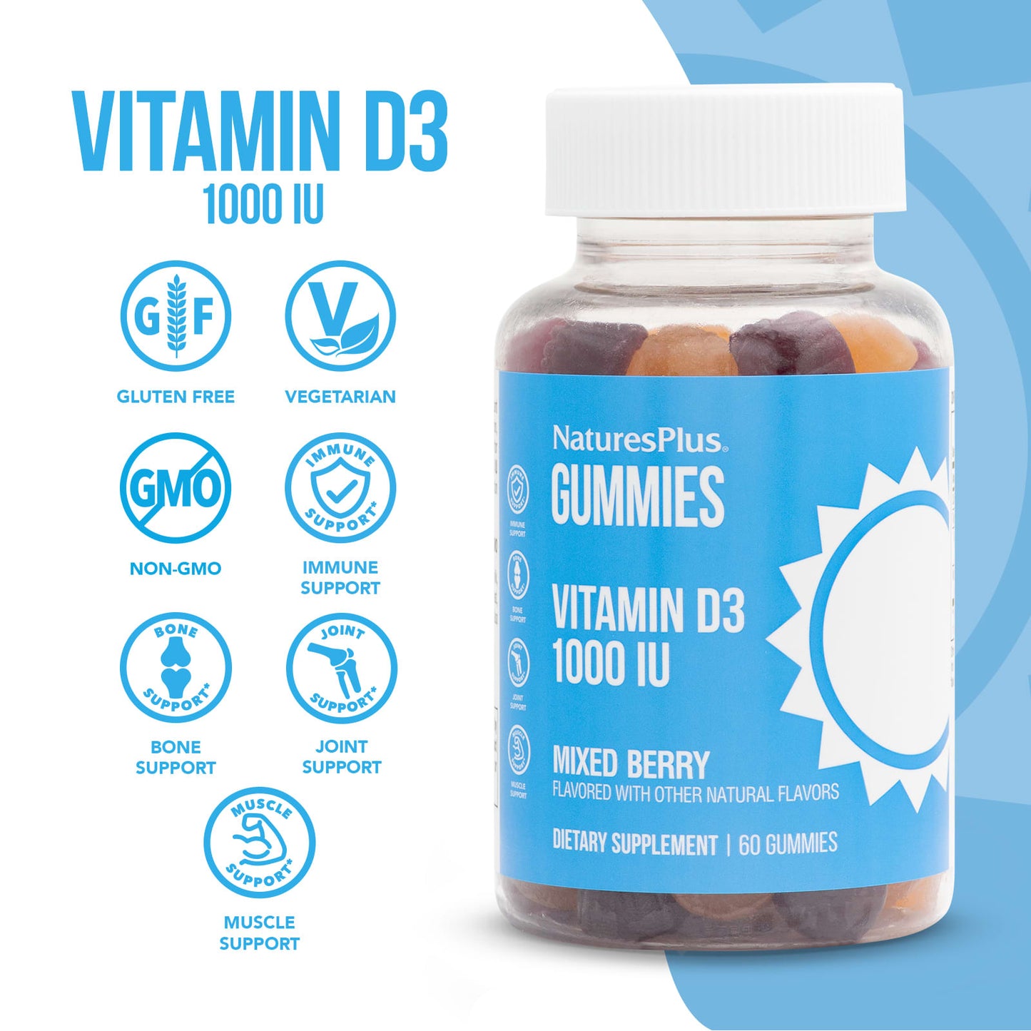 NaturesPlus, Vitamin D3 Gummies, Mixed Berry, 1,000 IU, 60 Gummies