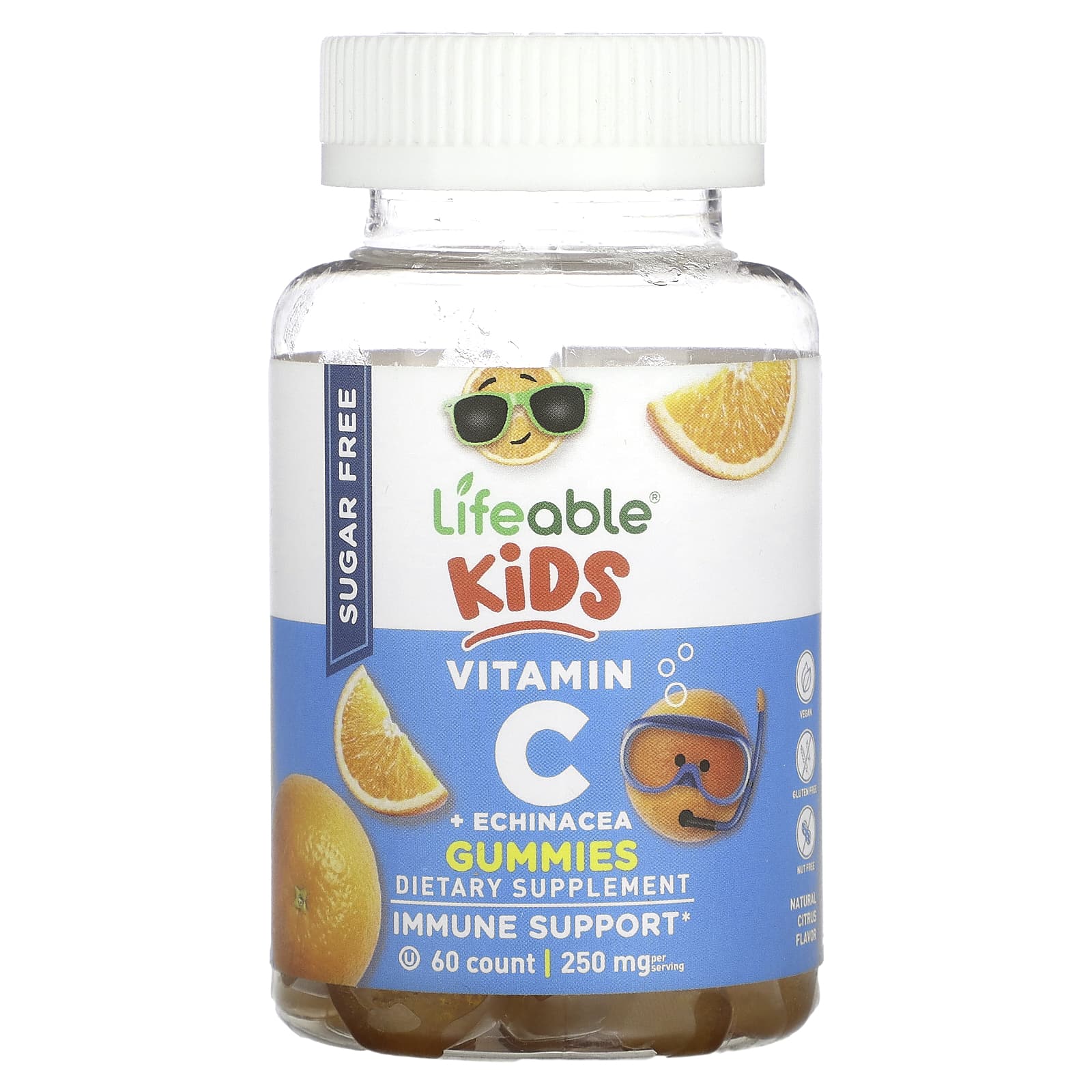 Lifeable-Kids Vitamin C + Echinacea Gummies-Sugar Free-Natural Citrus-250 mg-60 Gummies (125 mg per Gummy)