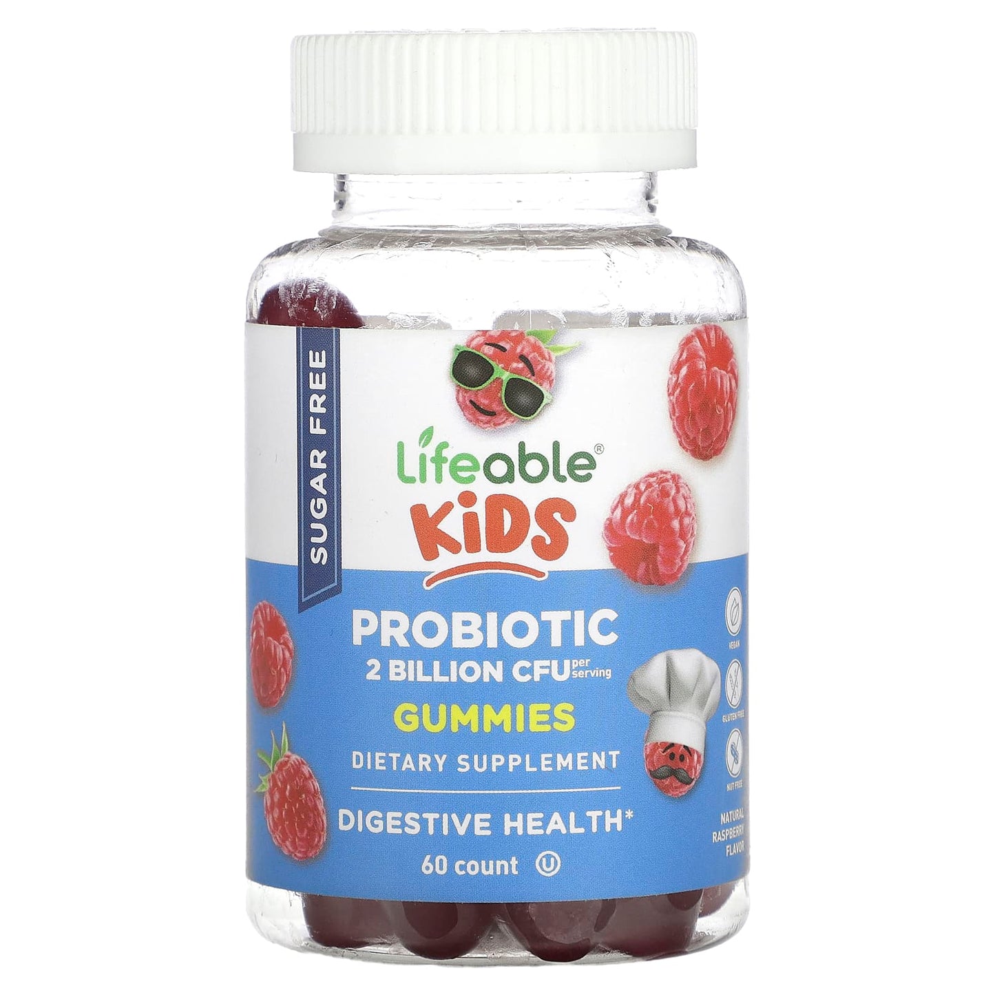 Lifeable-Kids Probiotic Gummmies-Sugar Free-Natural Raspberry-2 Billion-60 Gummies (1 Billion CFU per Gummy)