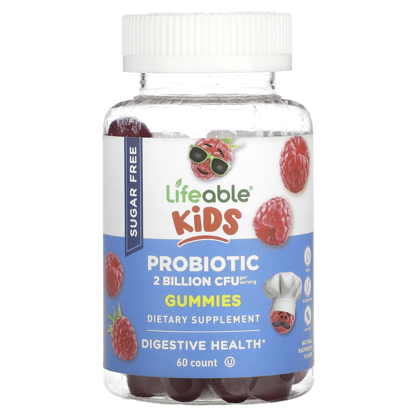 Lifeable-Kids Probiotic Gummmies-Sugar Free-Natural Raspberry-2 Billion-60 Gummies (1 Billion CFU per Gummy)