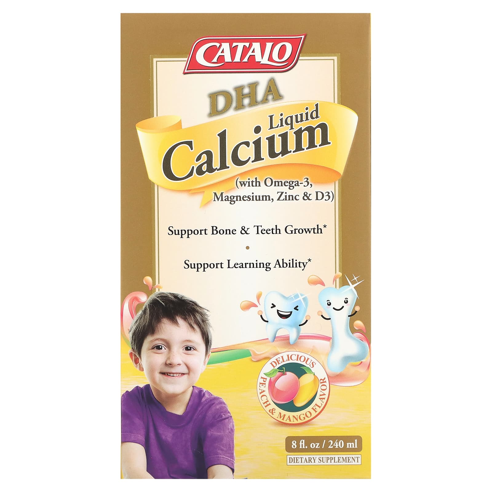 Catalo Naturals-DHA Liquid Calcium with Omega-3-Magnesium-Zinc & D3-Peach & Mango -8 fl oz (240 ml)