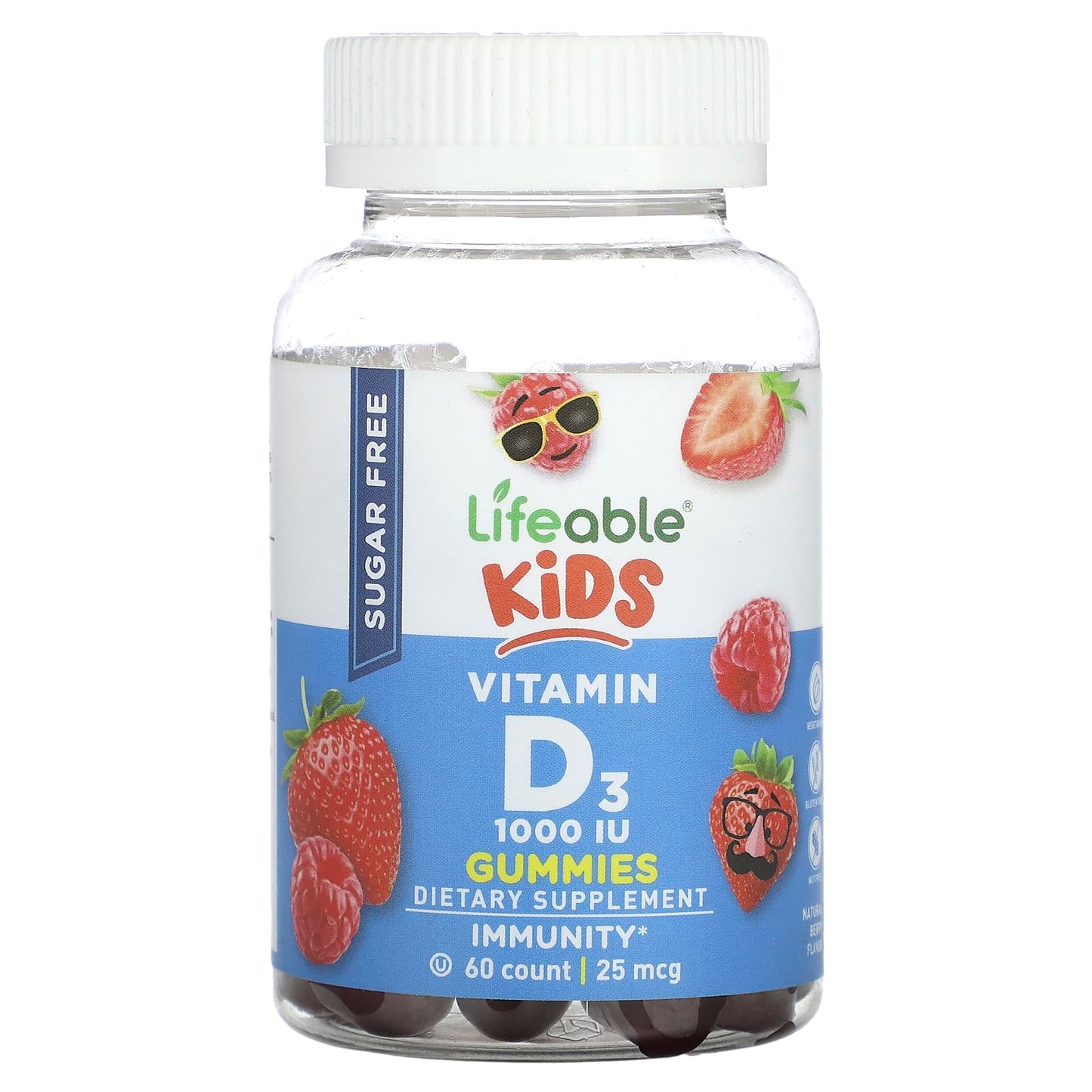 Lifeable-Kids Vitamin D3 Gummies-Sugar Free-Natural Berry-25 mcg (1,000 IU)-60 Gummies