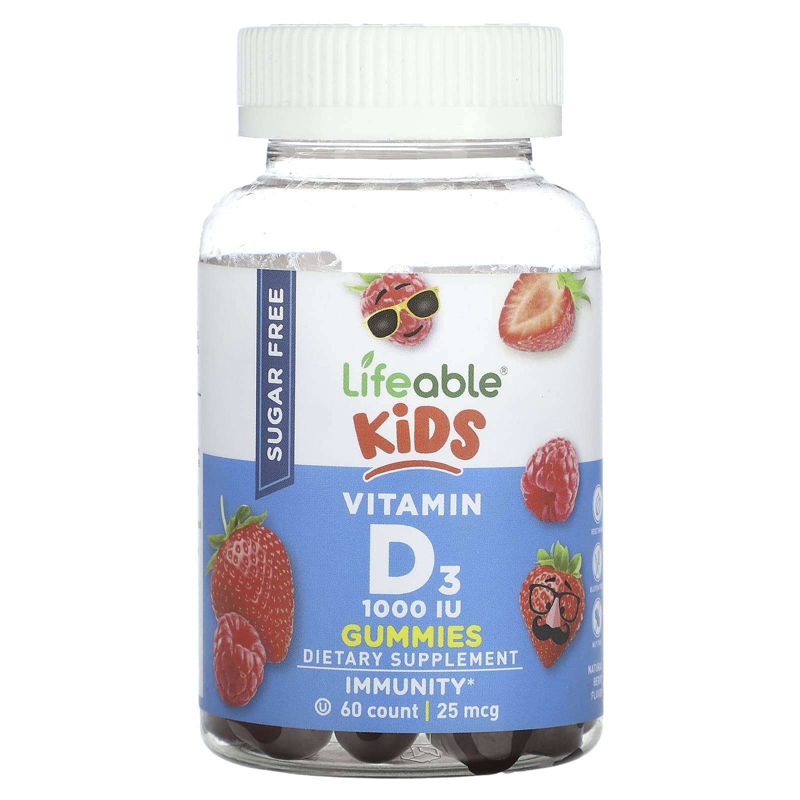 Lifeable-Kids Vitamin D3 Gummies-Sugar Free-Natural Berry-25 mcg (1,000 IU)-60 Gummies