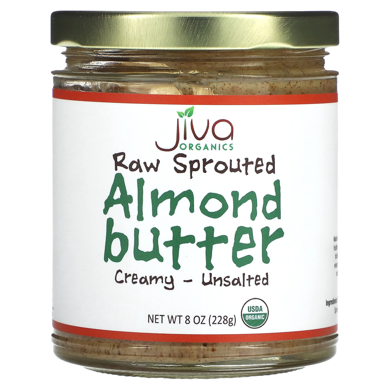 Jiva Organics-Raw Sprouted Almond Butter-Creamy - Unsalted-8 oz (228 g)