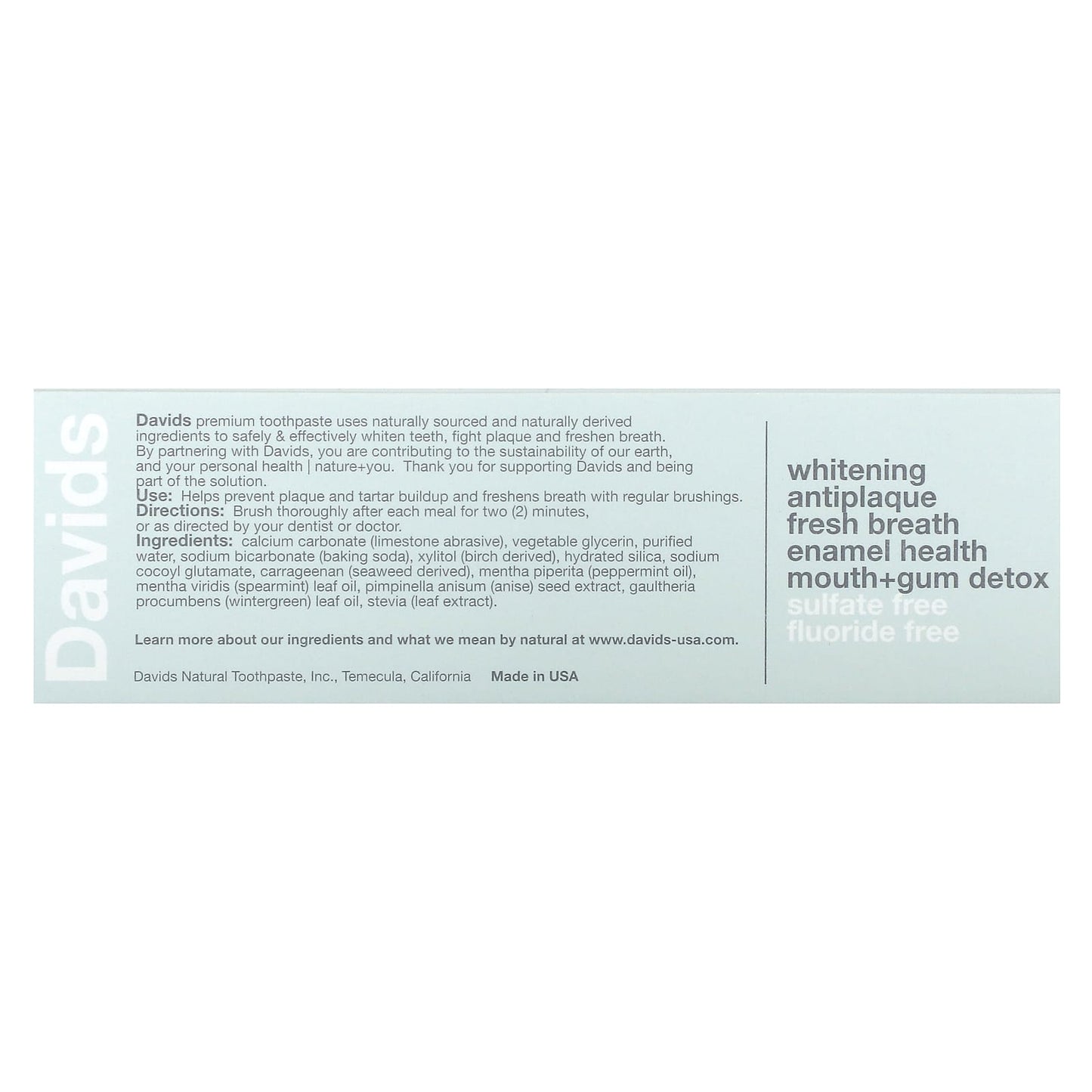 Davids Natural Toothpaste, Premium Toothpaste, Whitening + Antiplaque, Natural Peppermint, 1.75 oz (50 g)