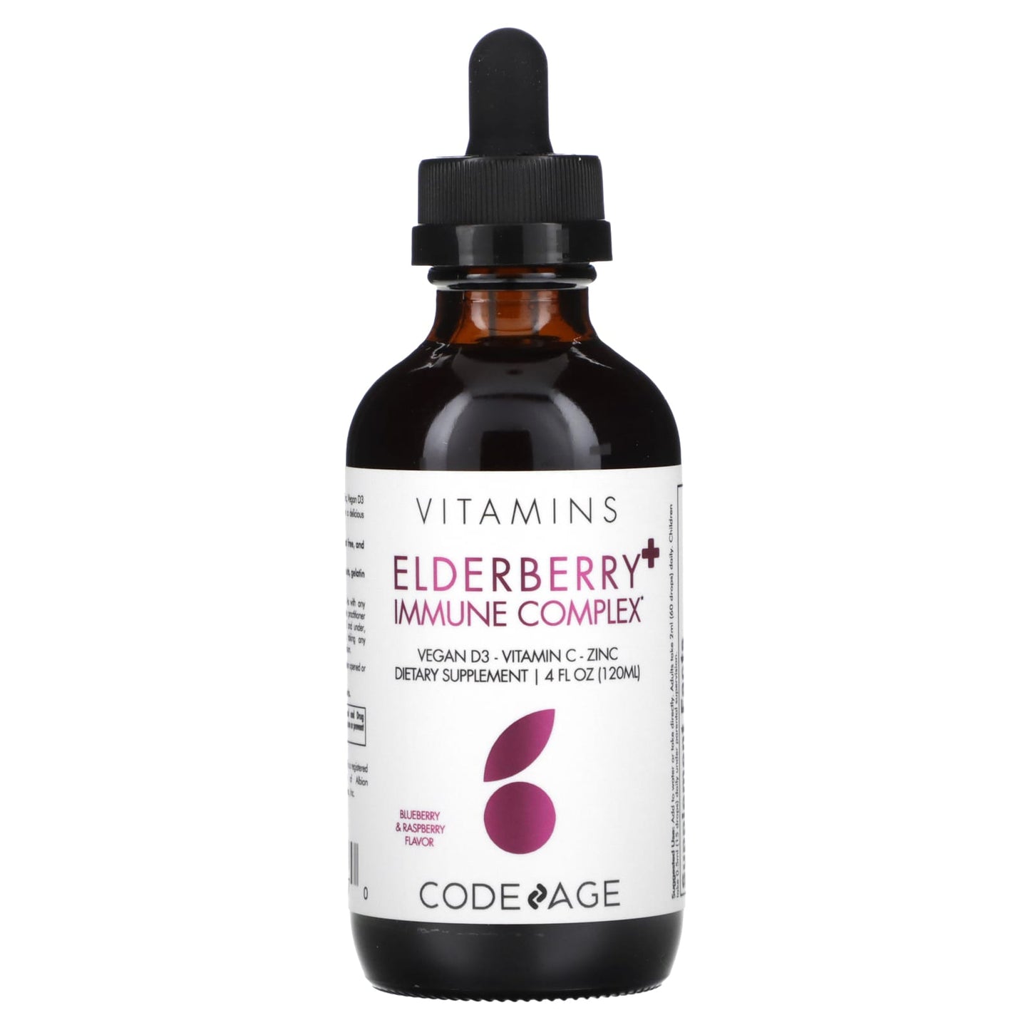 Codeage, Vitamins, Elderberry+ Immune Complex, Vegan D3, Vitamin C, Zinc, Blueberry & Raspberry, 4 fl oz (120 ml)