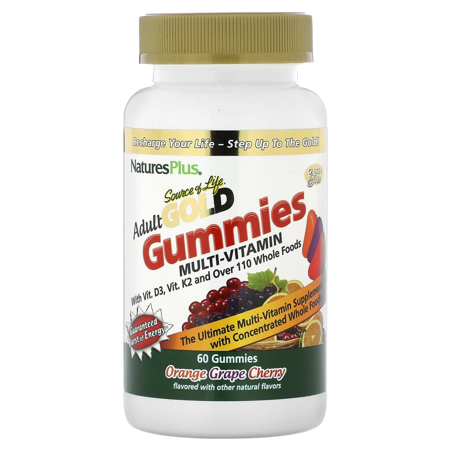 NaturesPlus-Source of Life-Adult Gold Gummies Multi-Vitamin-Orange Grape Cherry-60 Gummies