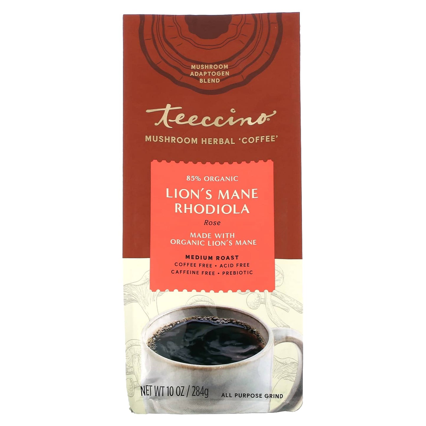 Teeccino-Mushroom Herbal Coffee-Lion's Mane Rhodiola-Medium Roast-Caffeine Free-10 oz (284 g)