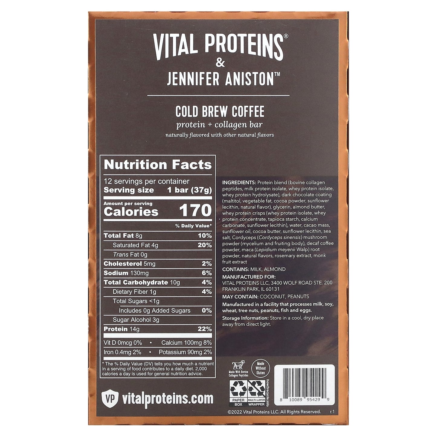 Vital Proteins, Protein + Collagen Bar, Cold Brew Coffee, 12 Bars, 1.3 oz (37 g) Each