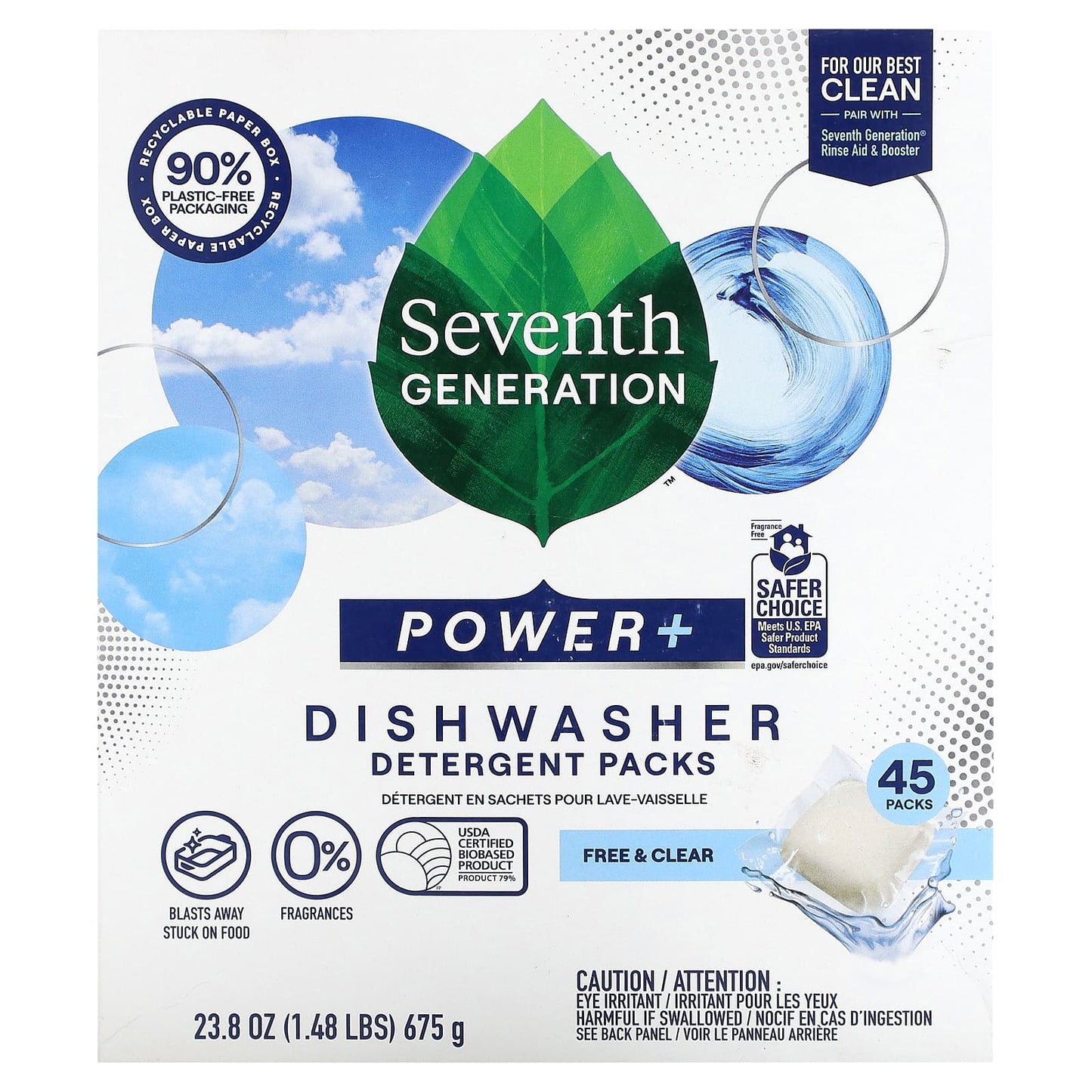 Seventh Generation-Power+ Dishwasher Detergent Packs-Free & Clear-45 Packs-23.8 oz (675 g)