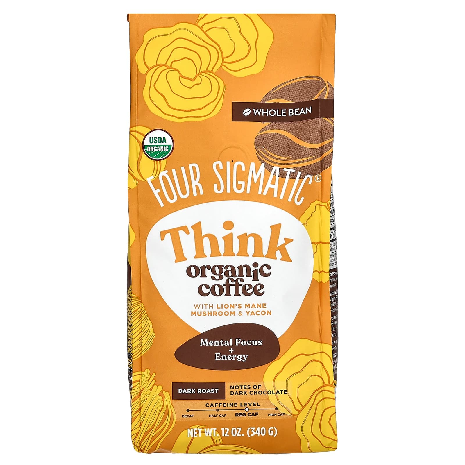 Four Sigmatic-Think-Organic Coffee with Lion's Mane Mushroom & Yacon-Whole Bean-Dark Roast-12 oz (340 g)