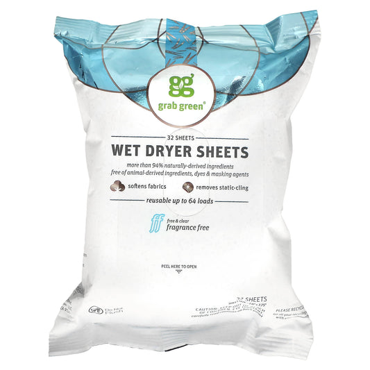 Grab Green-Wet Dryer Sheets-Fragrance Free-32 Sheets