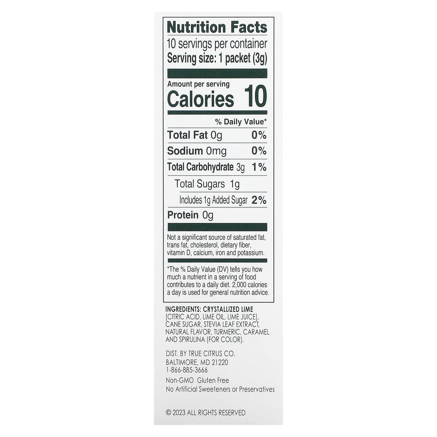 True Citrus, True Lime, Limeade, Original, 10 Packets, 0.11 oz (3 g) Each