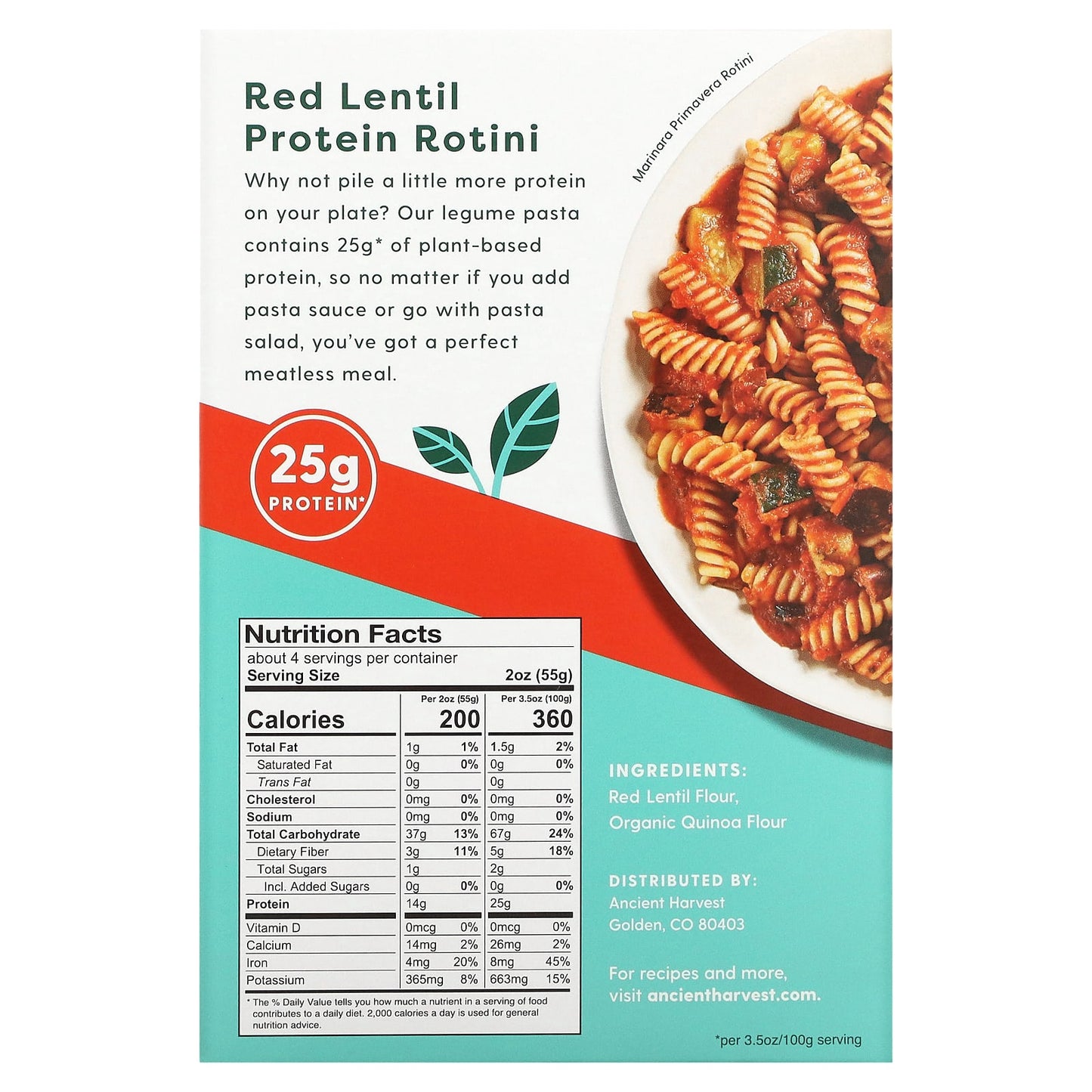 Ancient Harvest, Plant-Based Protein Pasta, Red Lentil Rotini, 8 oz (227g)