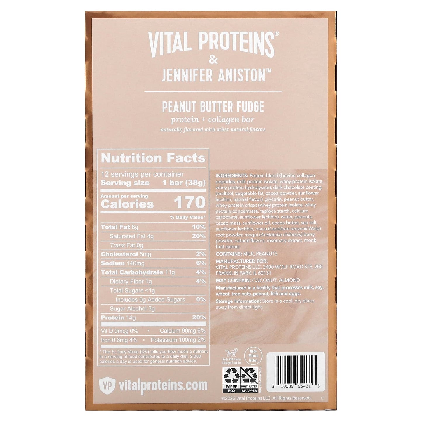 Vital Proteins, Protein + Collagen Bar, Peanut Butter Fudge, 12 Bars, 1.3 oz (38 g) Each