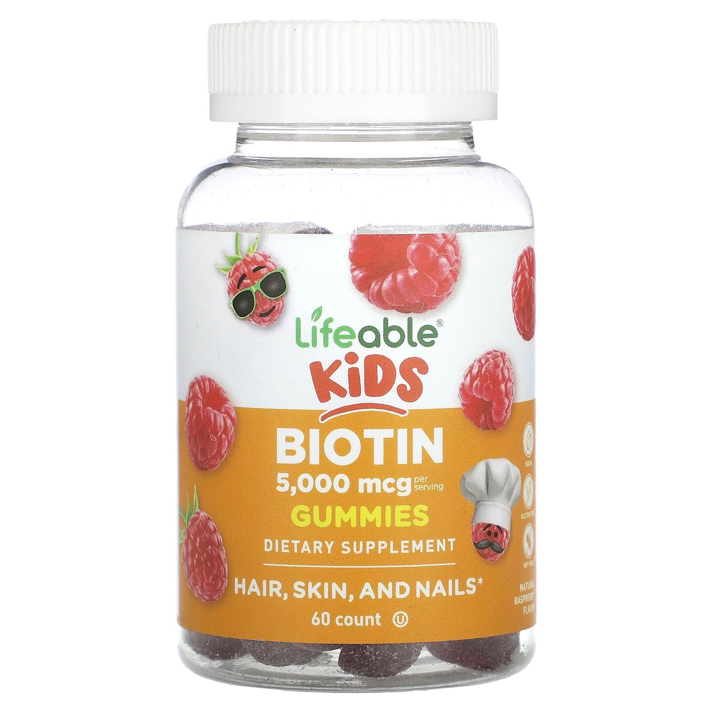 Lifeable-Kids Biotin Gummies-Natural Raspberry-5,000 mcg-60 Gummies (2,500 mcg per Gummy)